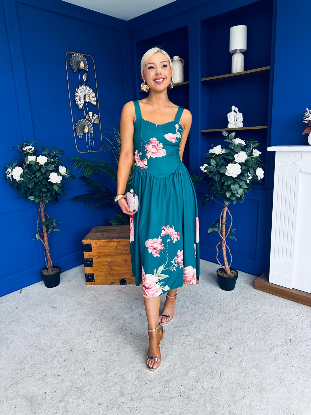 Jude Drop waist Midi Dress Floral Green