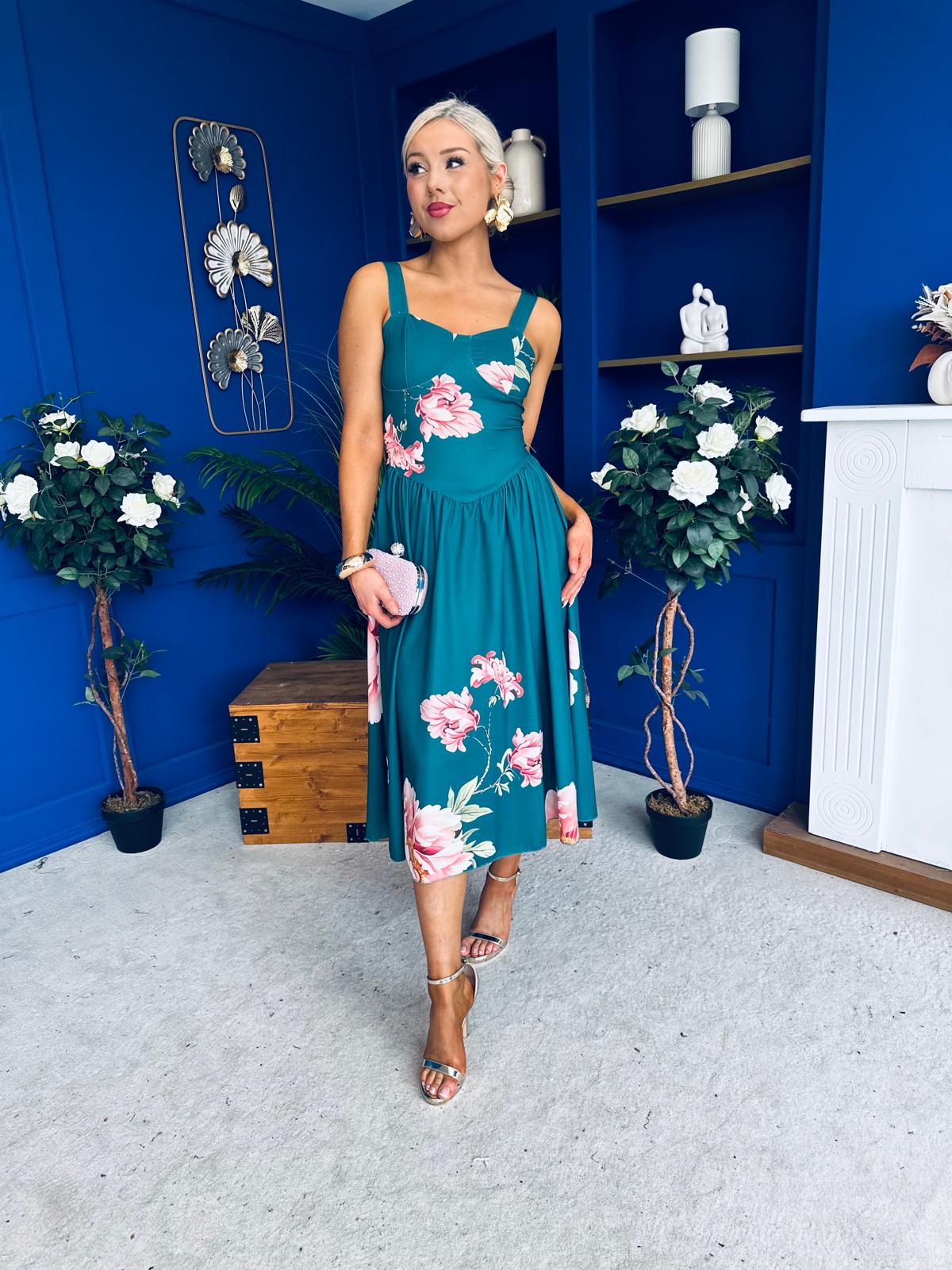 Jude Drop waist Midi Dress Floral Green