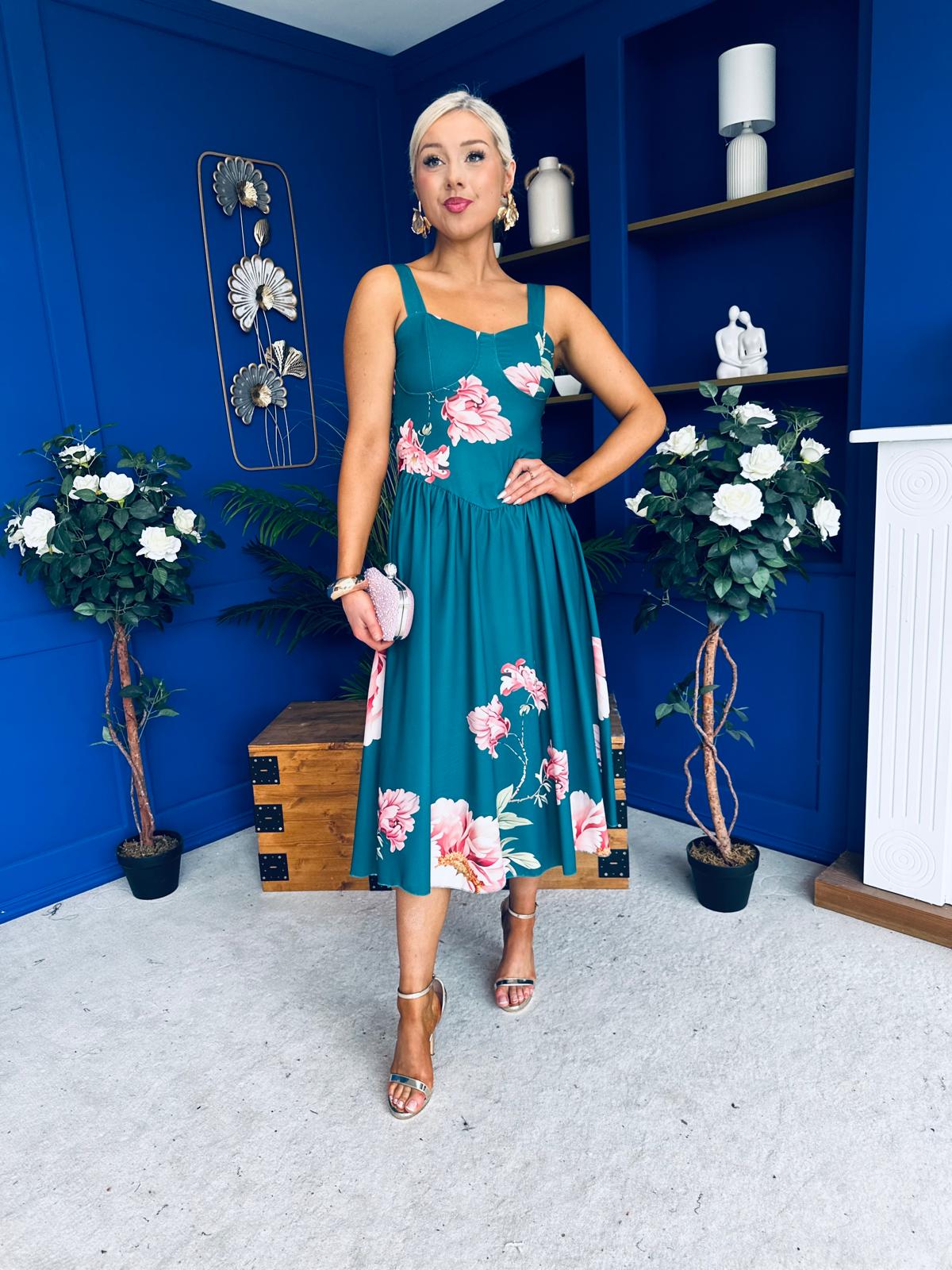 Jude Drop waist Midi Dress Floral Green