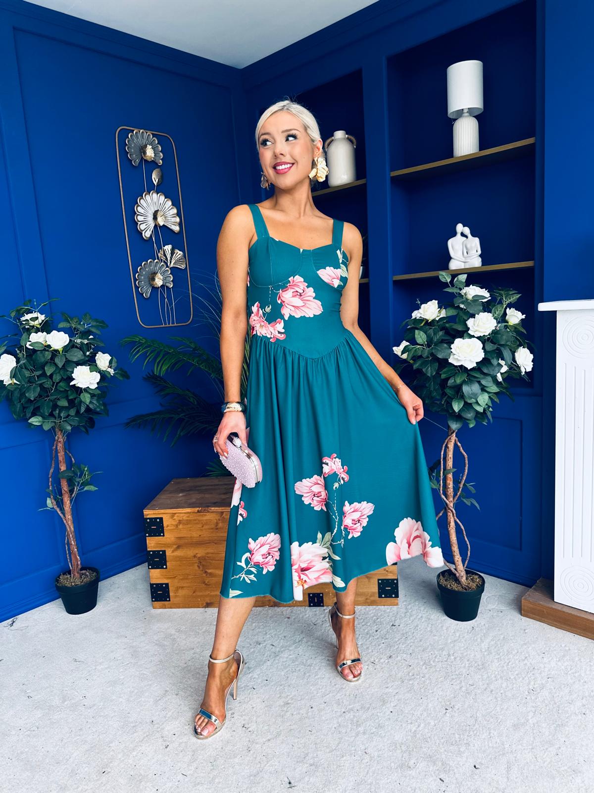 Jude Drop waist Midi Dress Floral Green