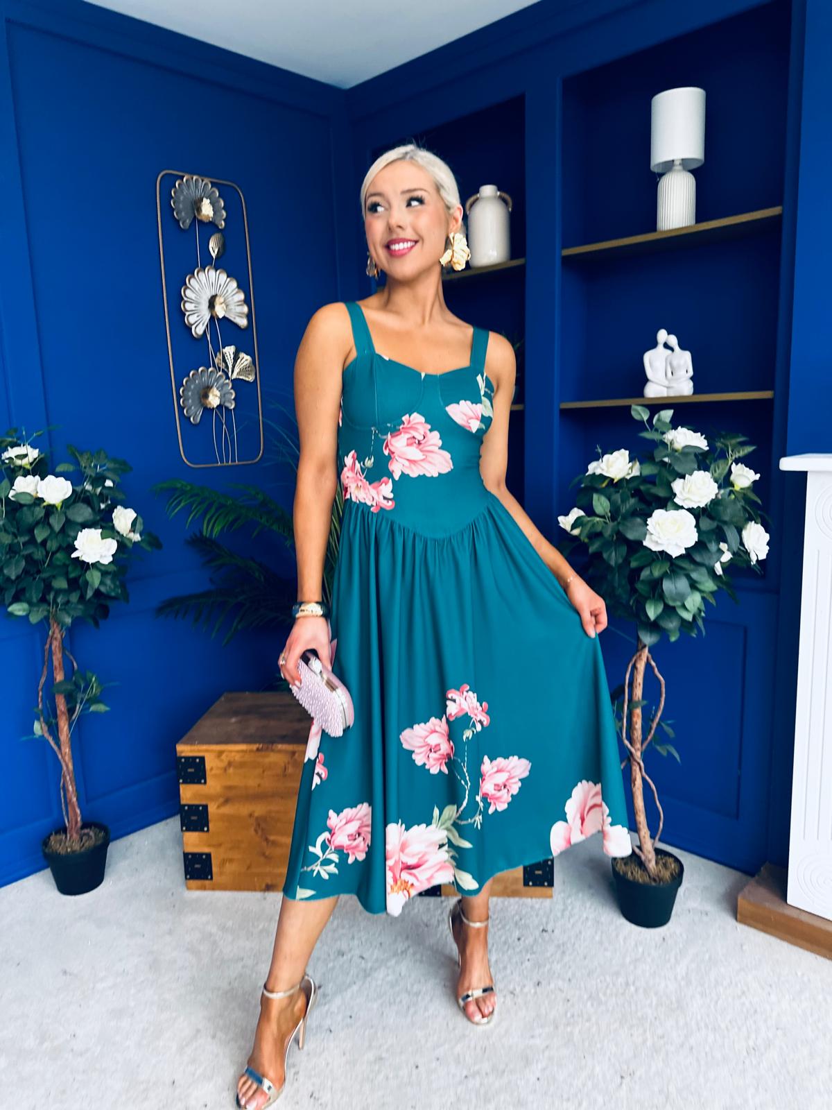 Jude Drop waist Midi Dress Floral Green