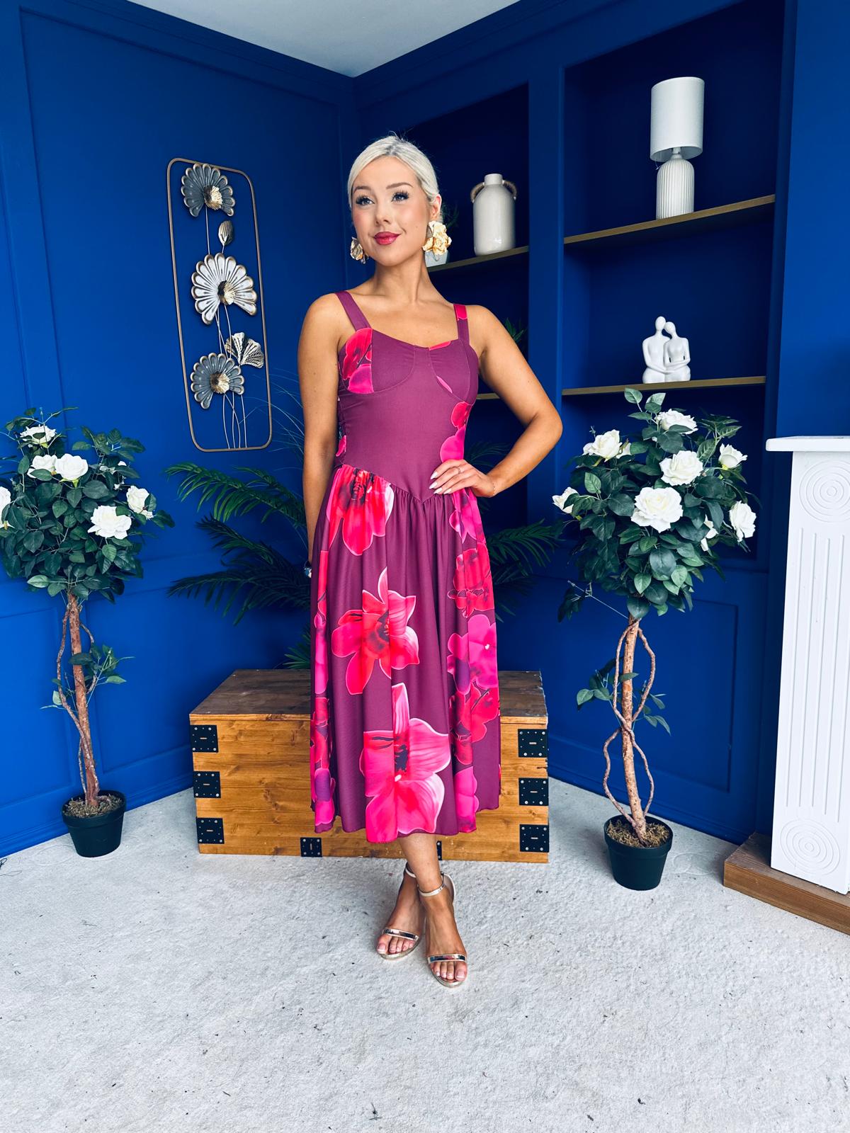 Jude Drop Waist Midi Dress Floral Berry