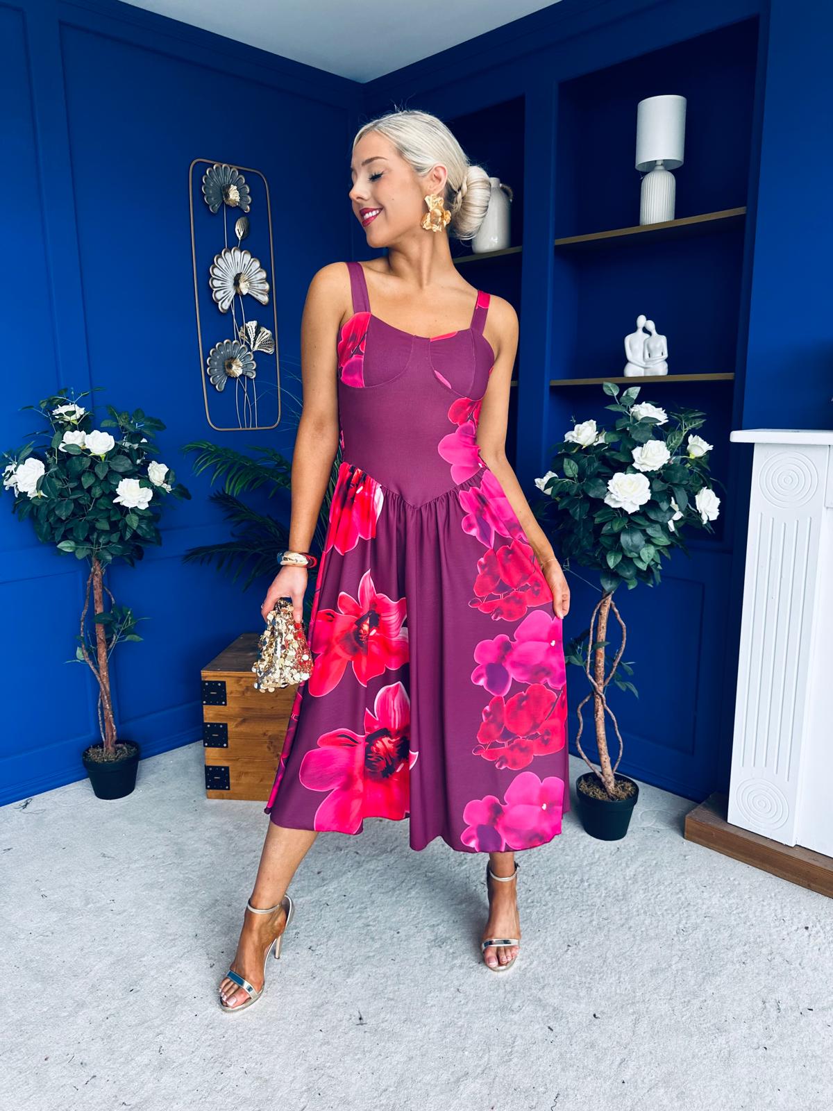 Jude Drop Waist Midi Dress Floral Berry