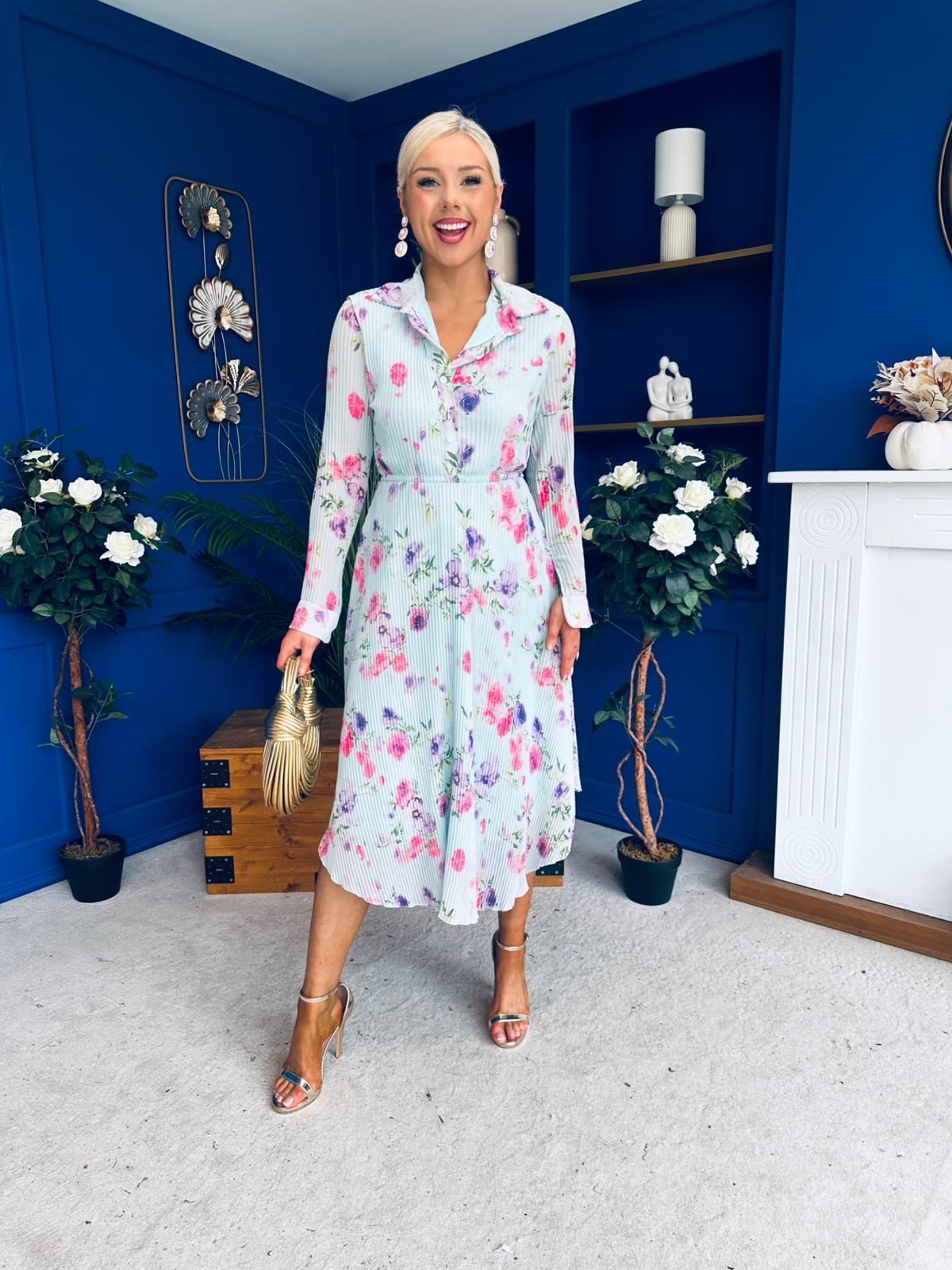 Blaire Detailed Plisse Midi Dress Floral Mint