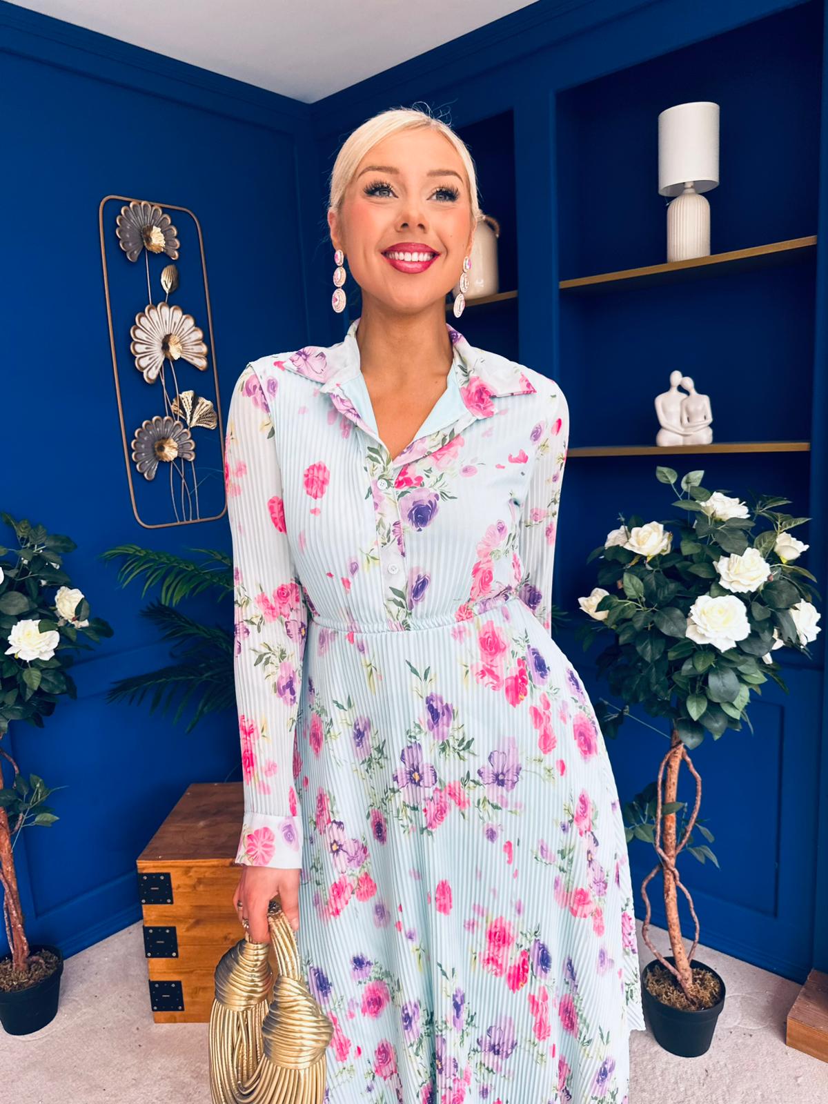 Blaire Detailed Plisse Midi Dress Floral Mint