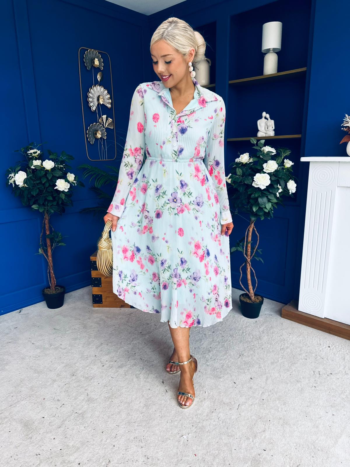 Blaire Detailed Plisse Midi Dress Floral Mint