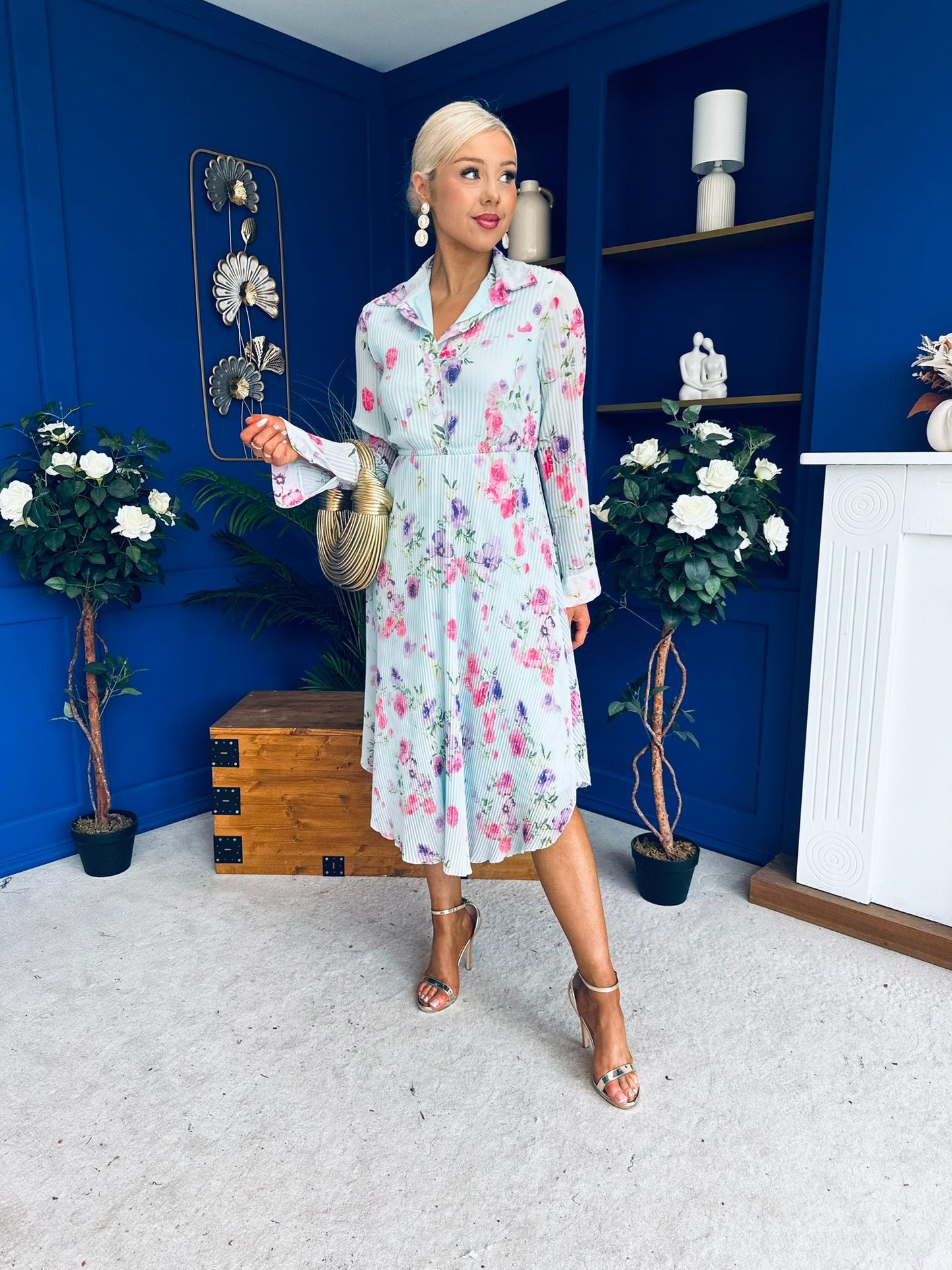 Blaire Detailed Plisse Midi Dress Floral Mint