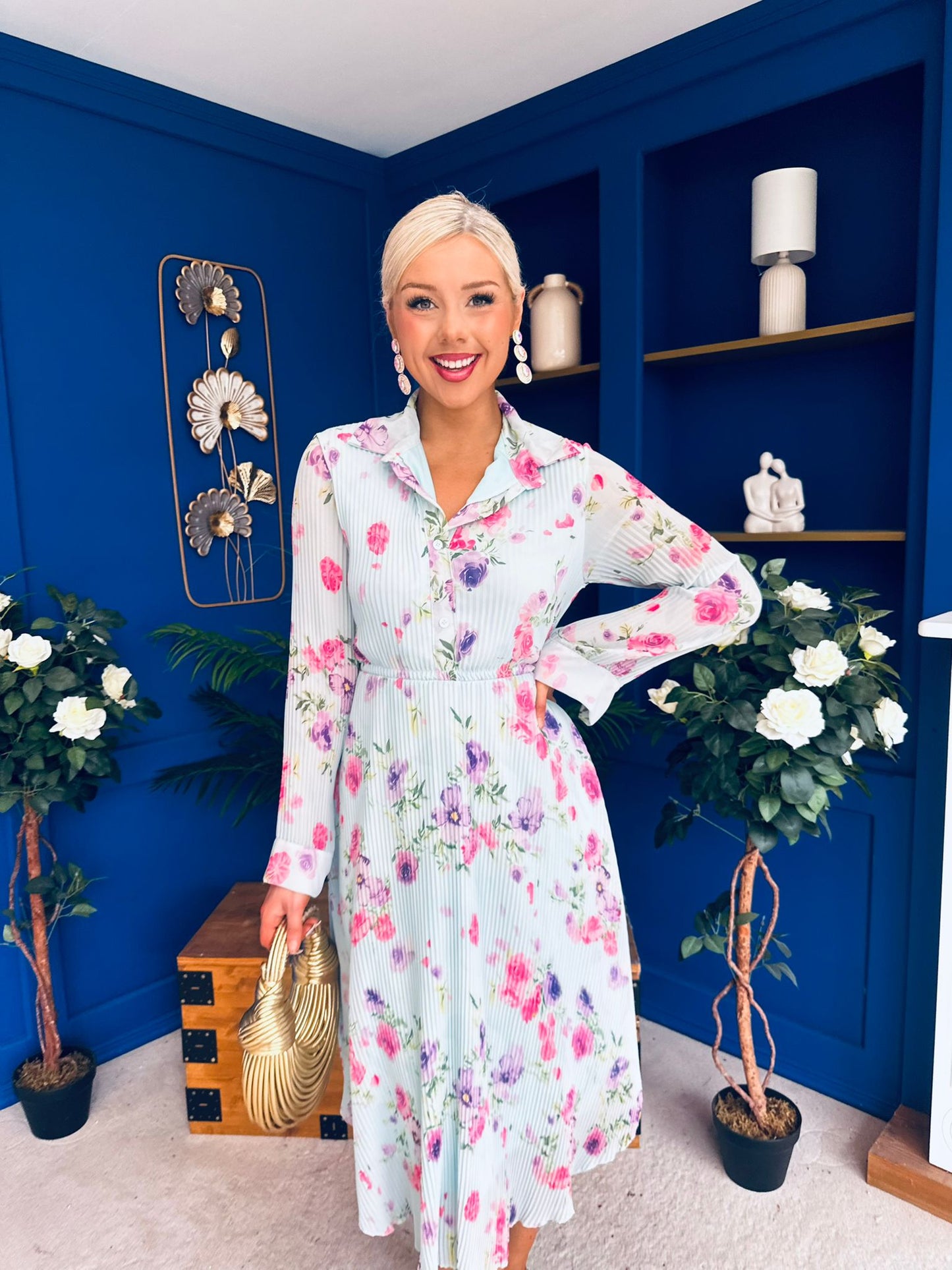 Blaire Detailed Plisse Midi Dress Floral Mint