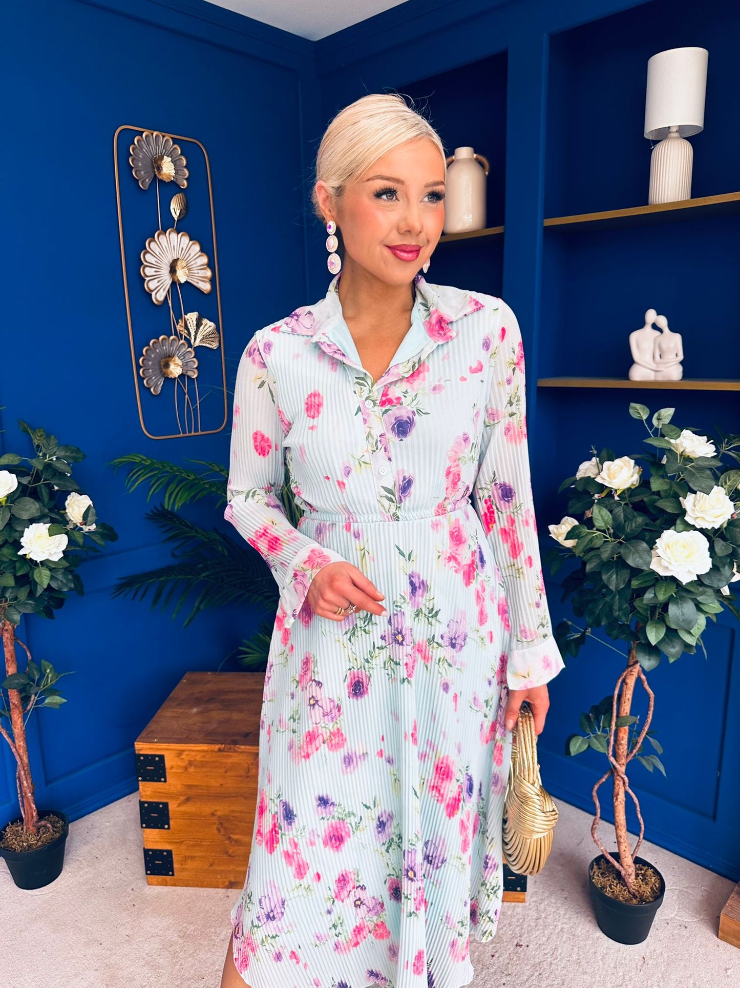 Blaire Detailed Plisse Midi Dress Floral Mint