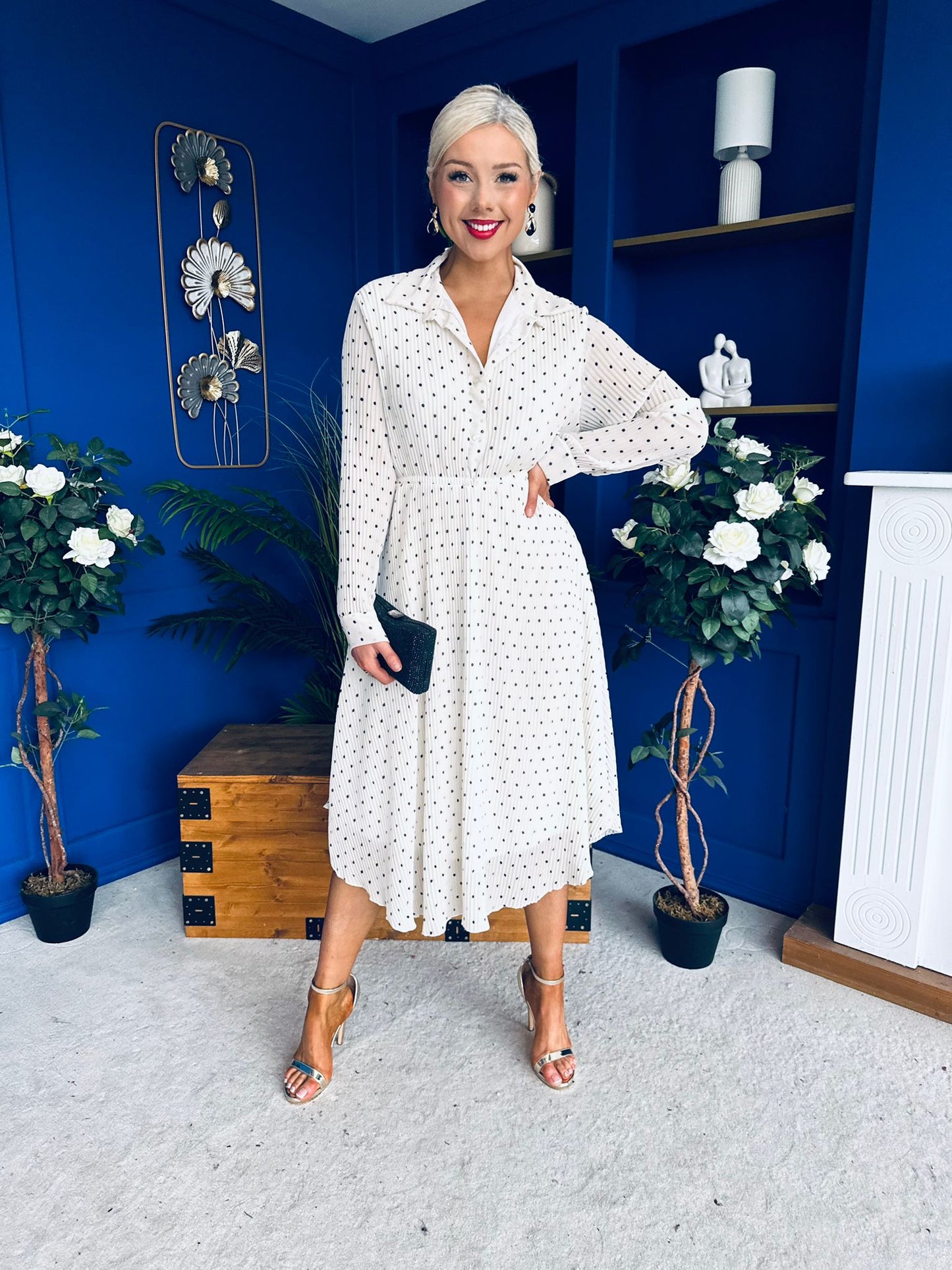 Blaire Detailed Plisse Midi Dress Polka Cream