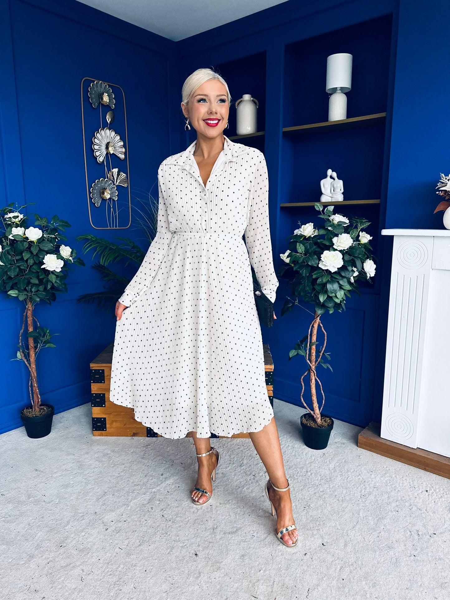 Blaire Detailed Plisse Midi Dress Polka Cream