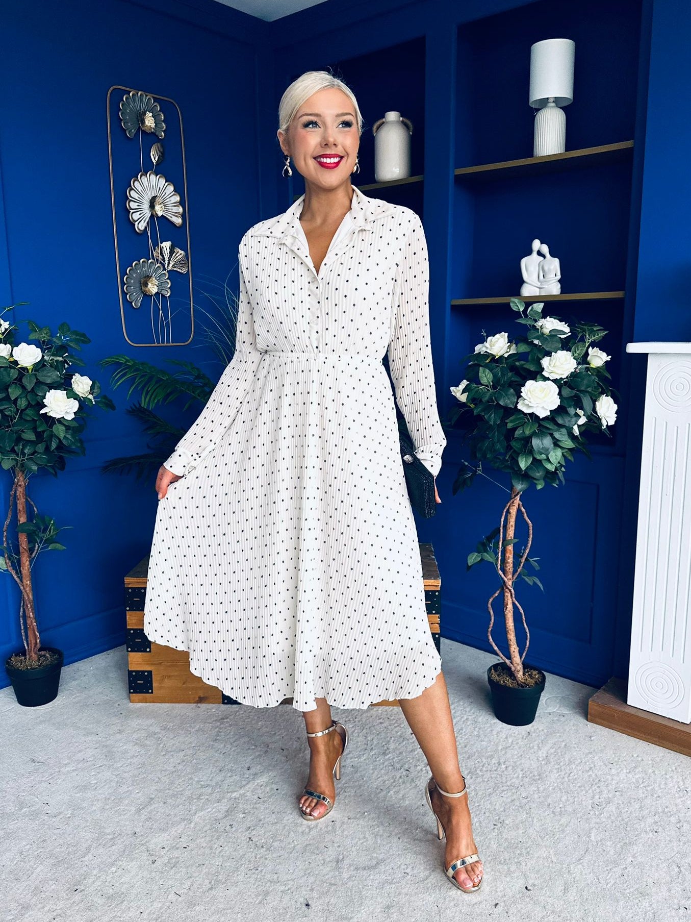 Blaire Detailed Plisse Midi Dress Polka Cream