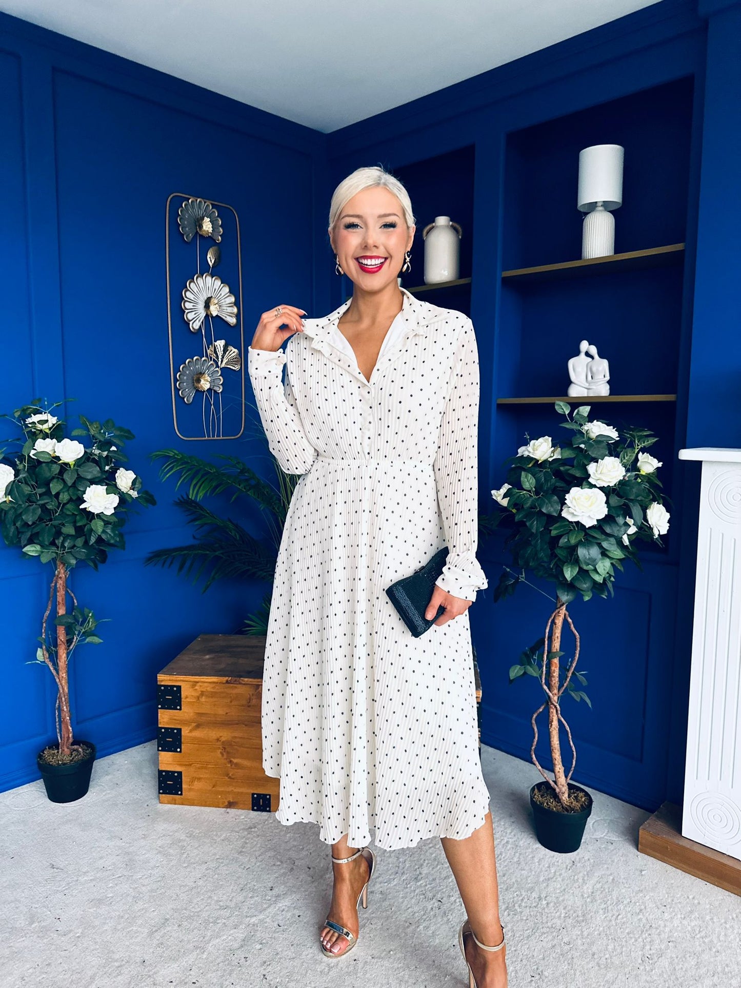 Blaire Detailed Plisse Midi Dress Polka Cream