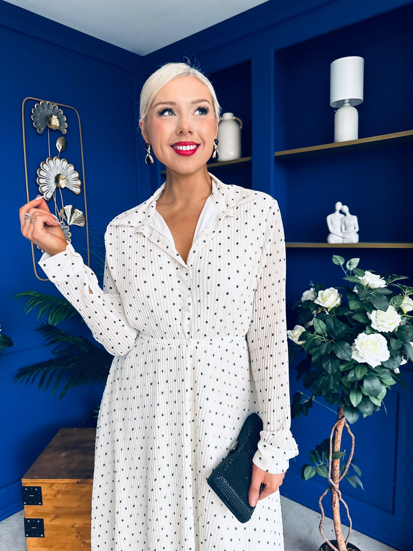 Blaire Detailed Plisse Midi Dress Polka Cream