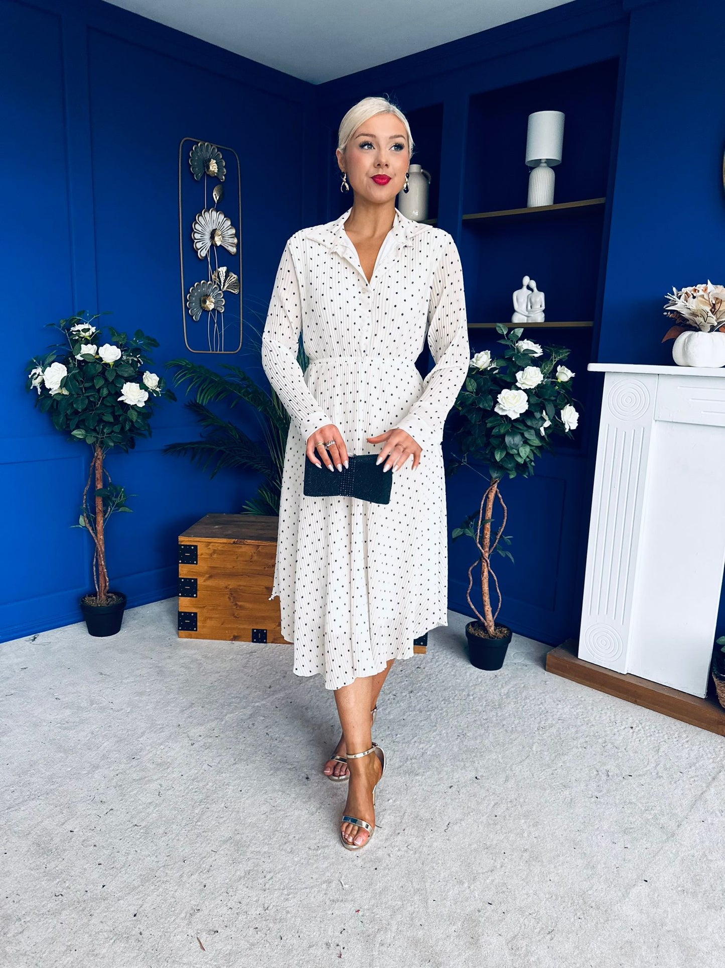 Blaire Detailed Plisse Midi Dress Polka Cream