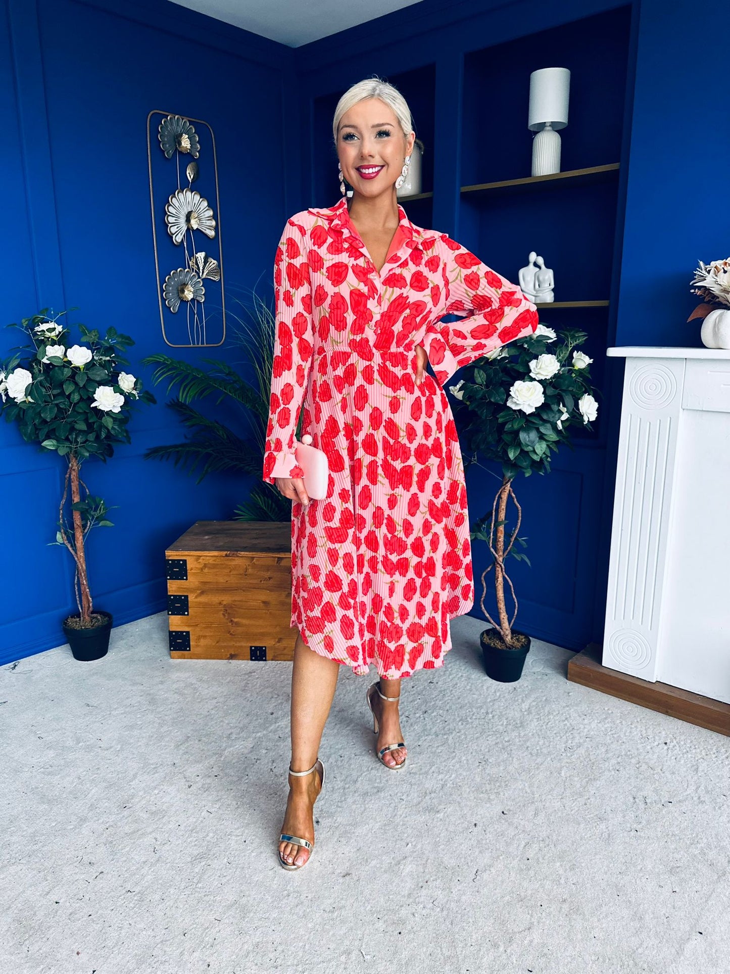 Blaire Detailed Plisse Midi Dress Floral Pink