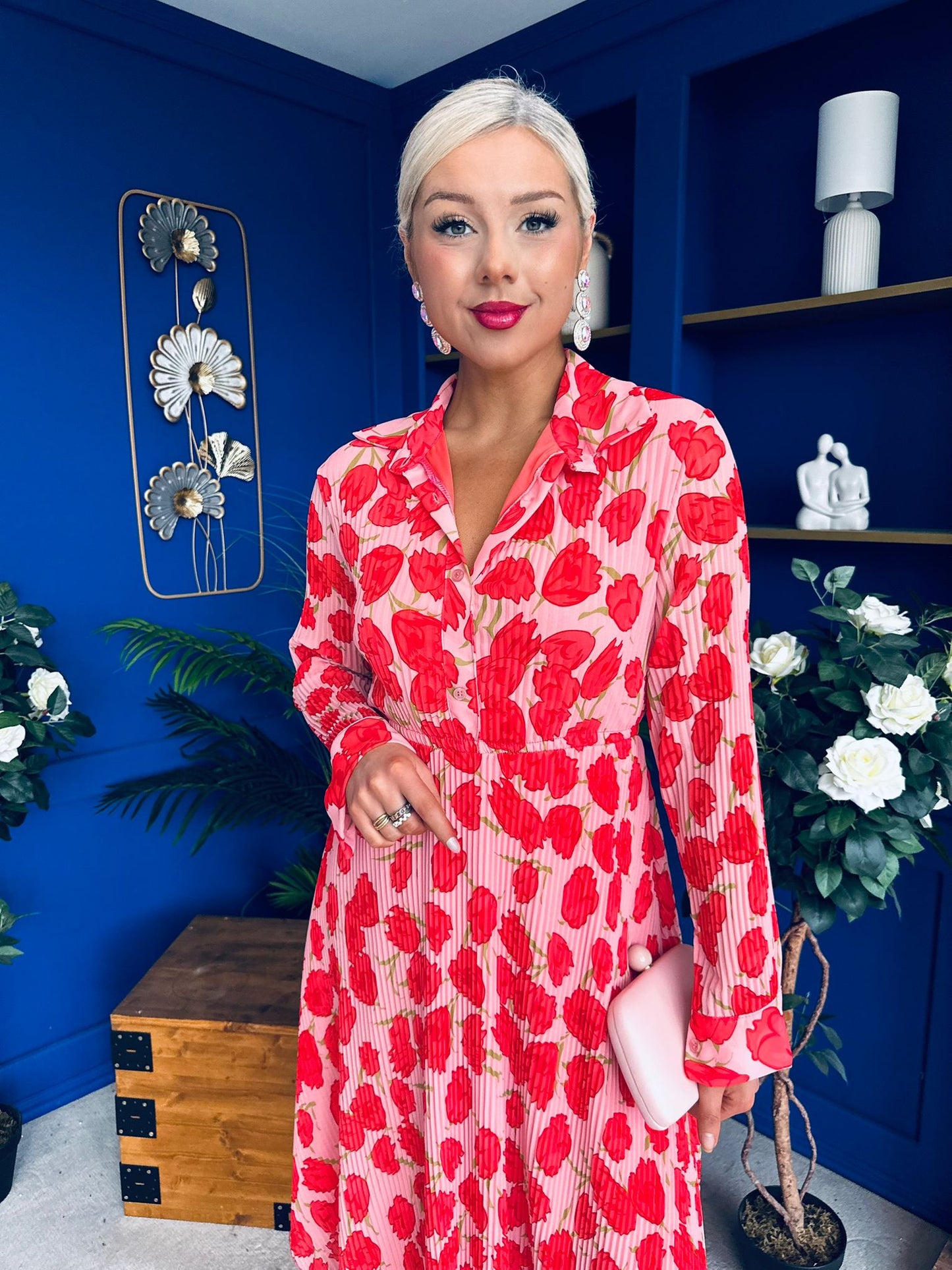 Blaire Detailed Plisse Midi Dress Floral Pink