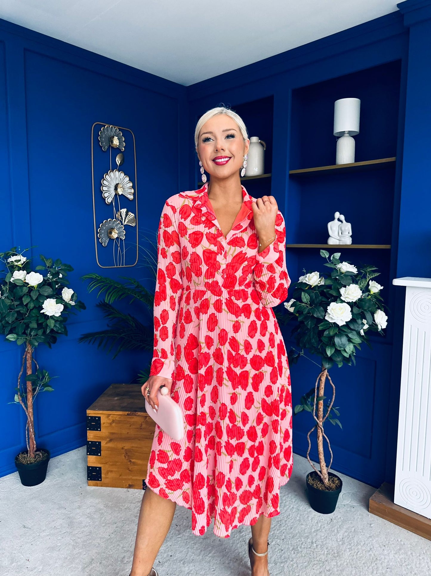 Blaire Detailed Plisse Midi Dress Floral Pink