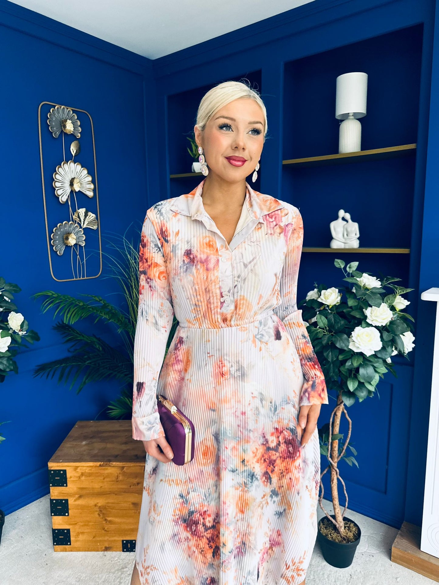 Blaire Detailed Plisse Midi Dress Floral Pastel