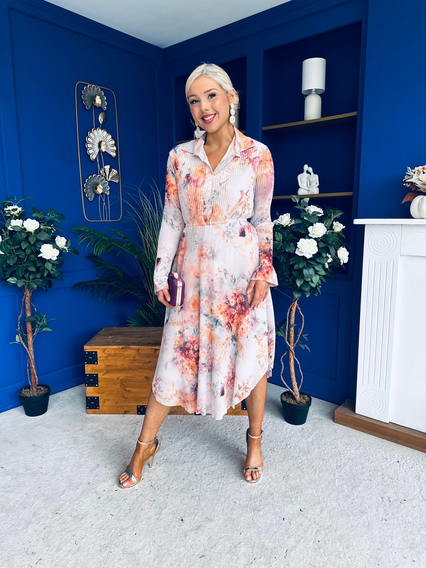 Blaire Detailed Plisse Midi Dress Floral Pastel