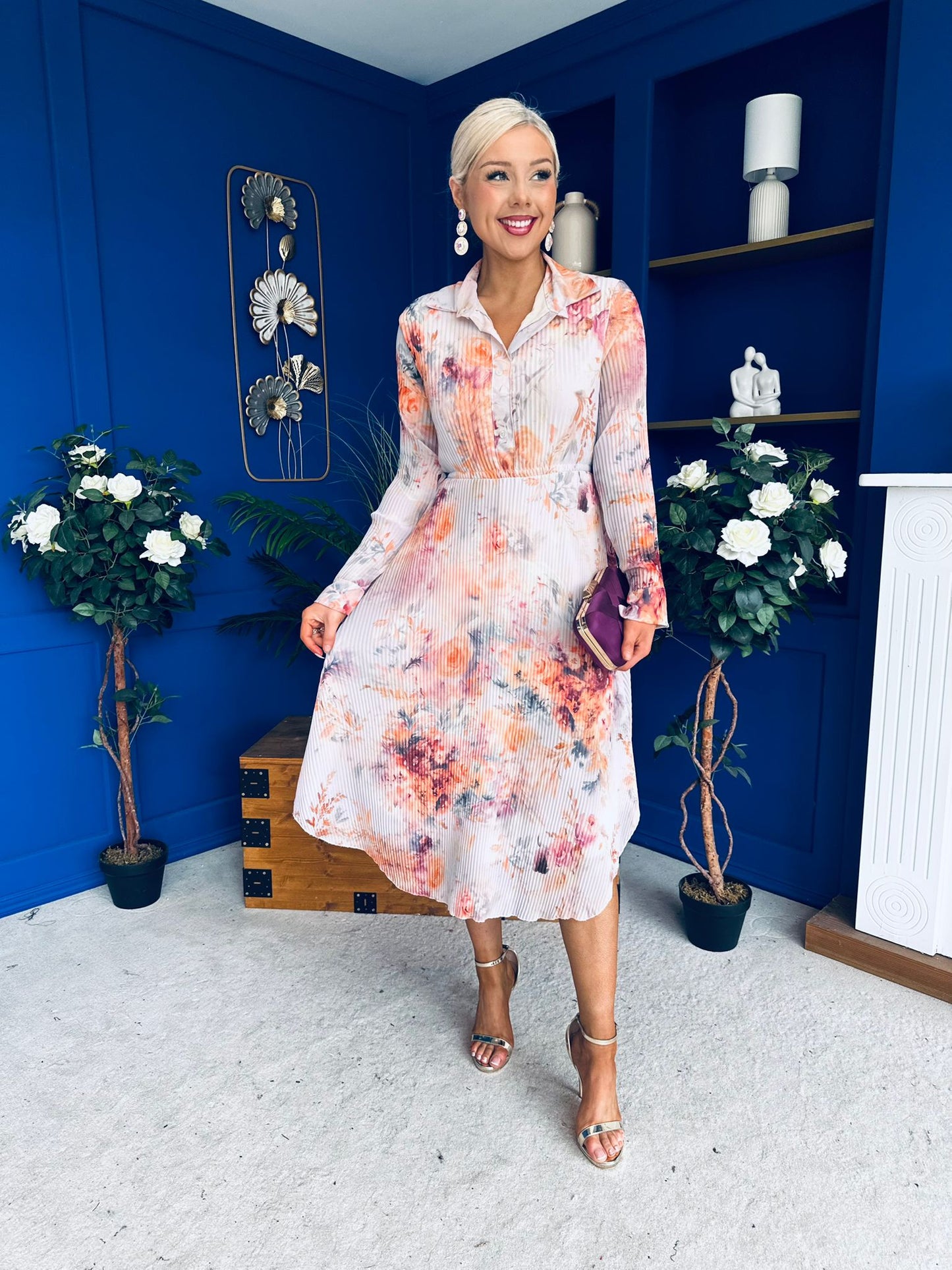 Blaire Detailed Plisse Midi Dress Floral Pastel