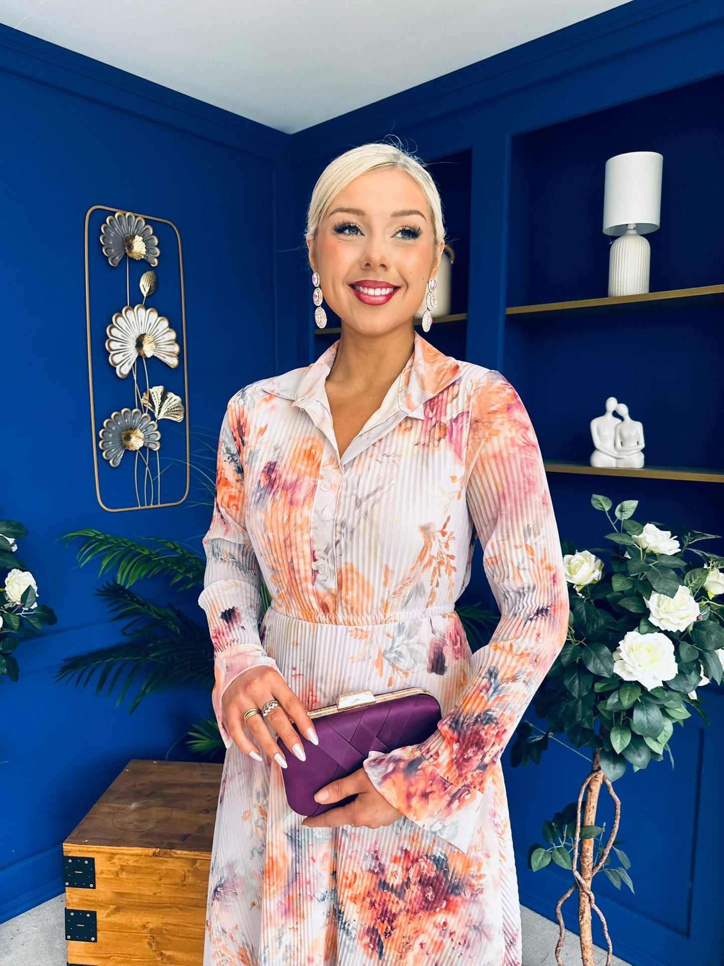 Blaire Detailed Plisse Midi Dress Floral Pastel