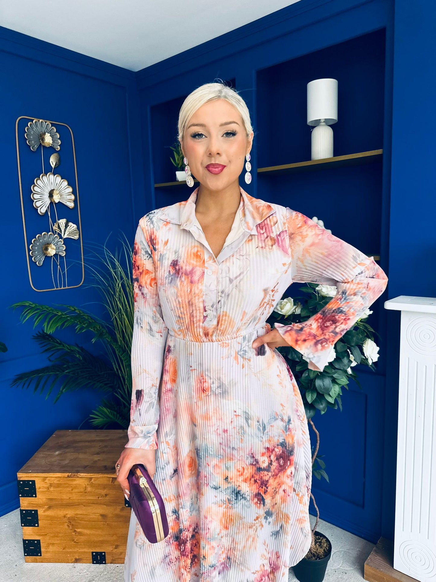 Blaire Detailed Plisse Midi Dress Floral Pastel