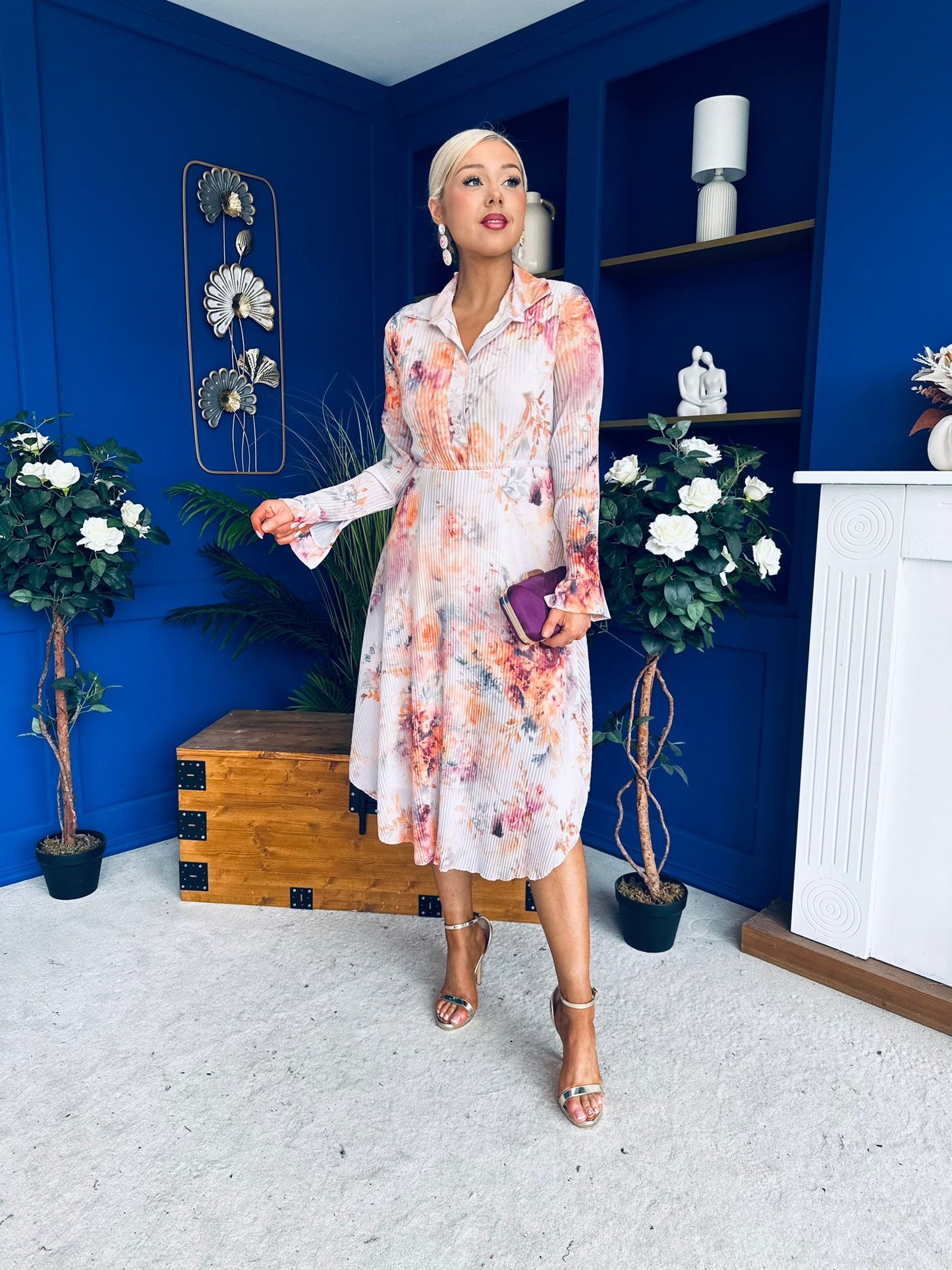 Blaire Detailed Plisse Midi Dress Floral Pastel