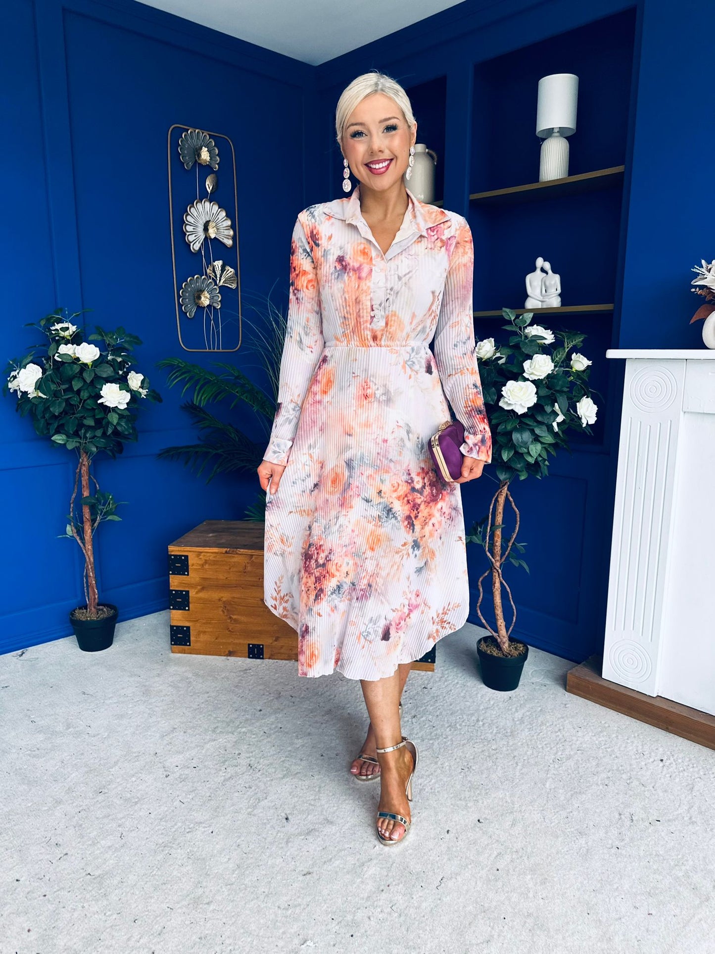 Blaire Detailed Plisse Midi Dress Floral Pastel