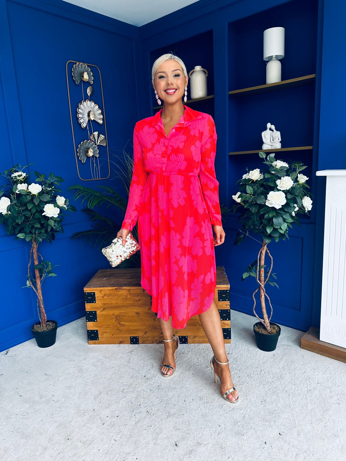 Blaire Detailed Plisse Midi Dress Floral Coral