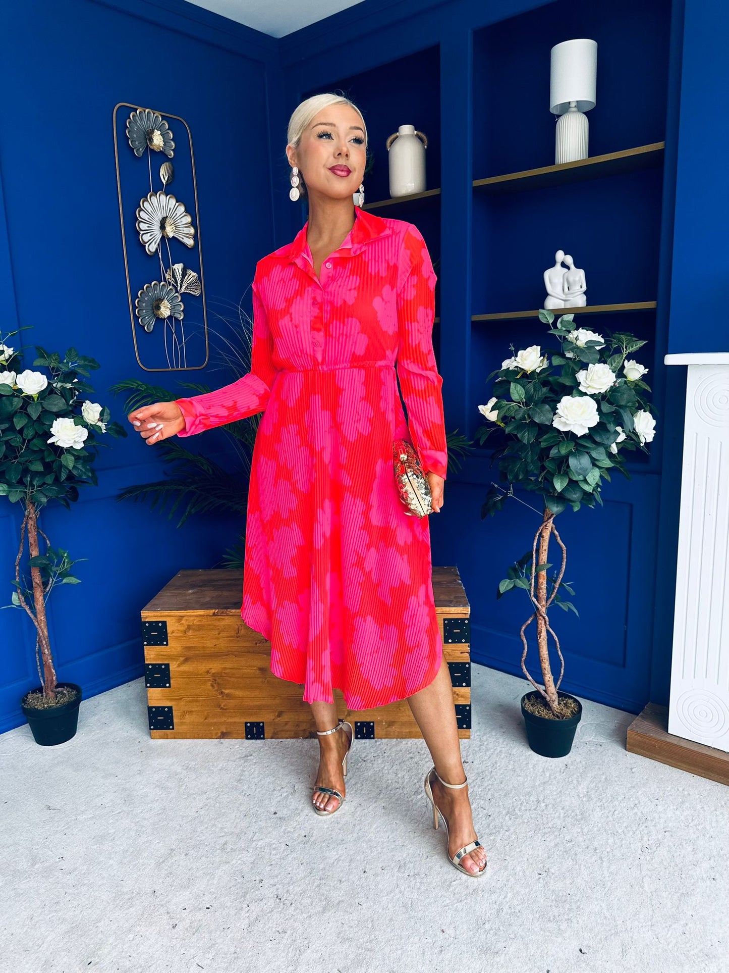 Blaire Detailed Plisse Midi Dress Floral Coral