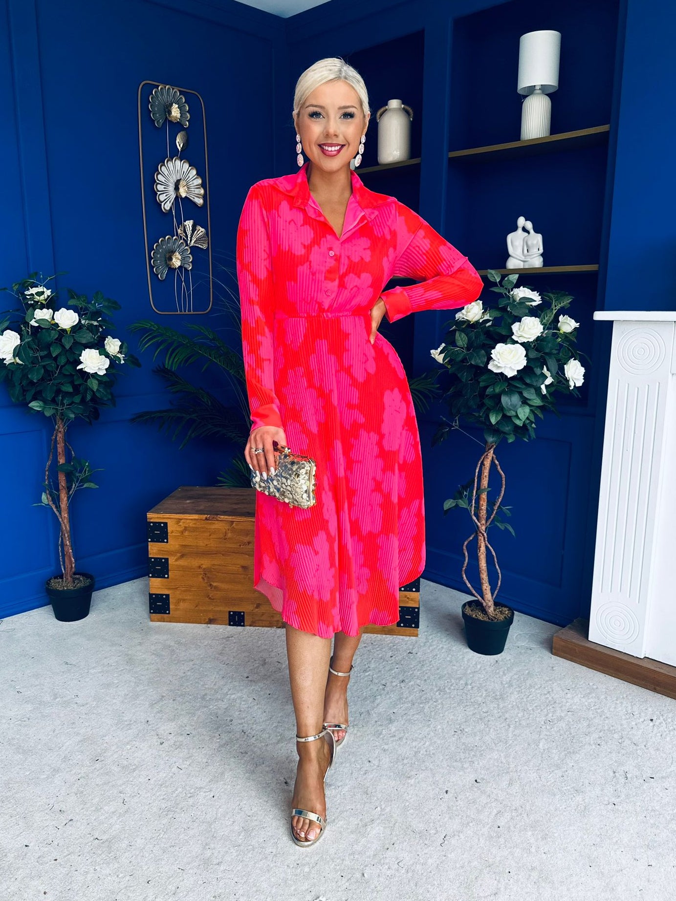 Blaire Detailed Plisse Midi Dress Floral Coral