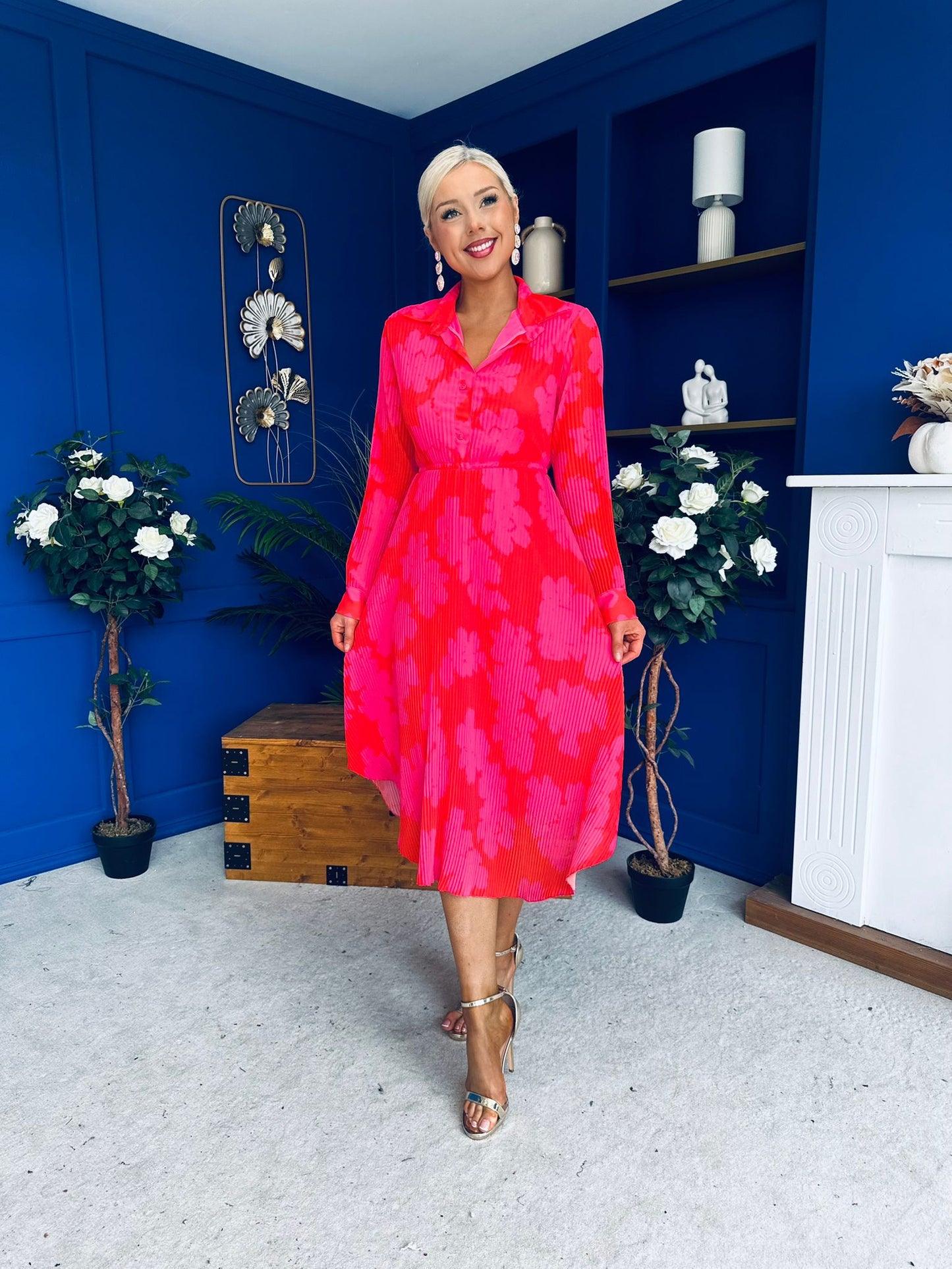 Blaire Detailed Plisse Midi Dress Floral Coral