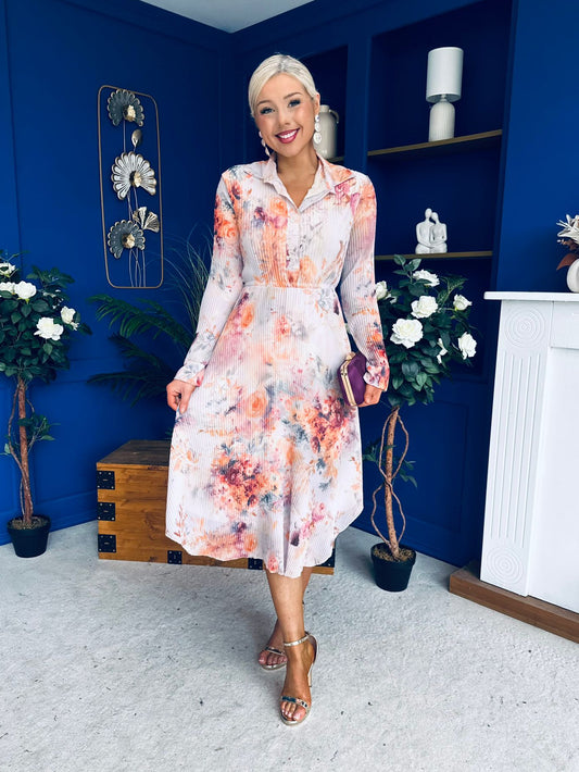 Blaire Detailed Plisse Midi Dress Floral Pastel
