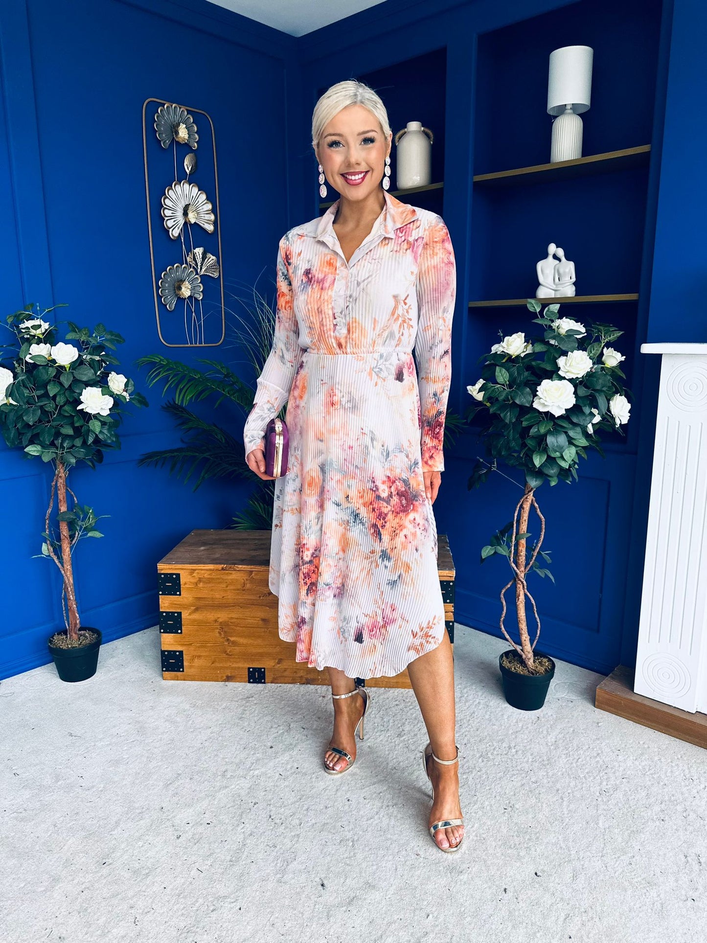 Blaire Detailed Plisse Midi Dress Floral Pastel