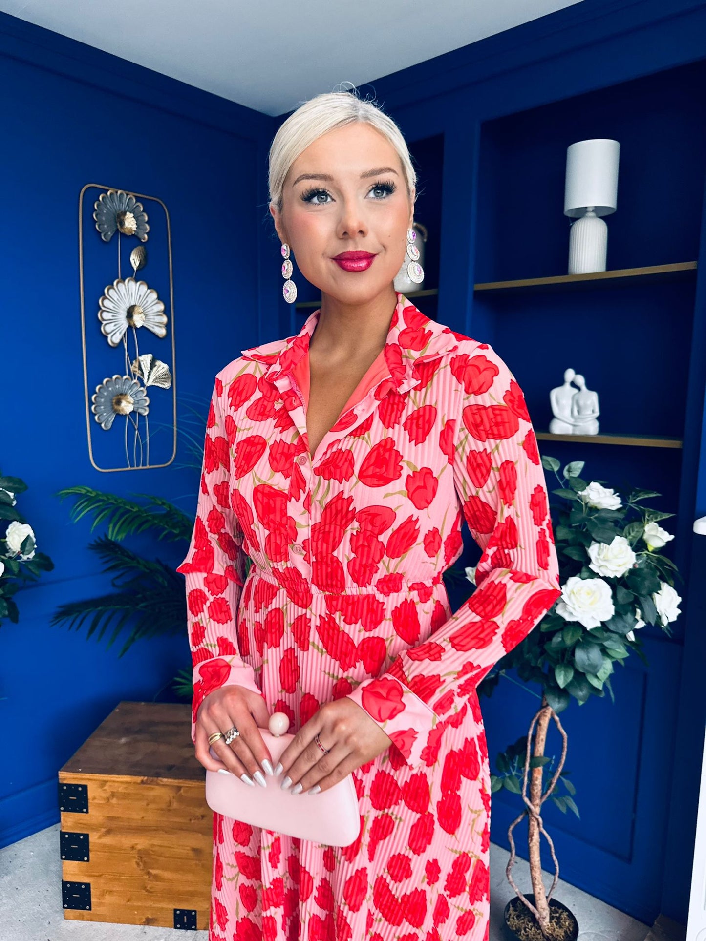 Blaire Detailed Plisse Midi Dress Floral Pink