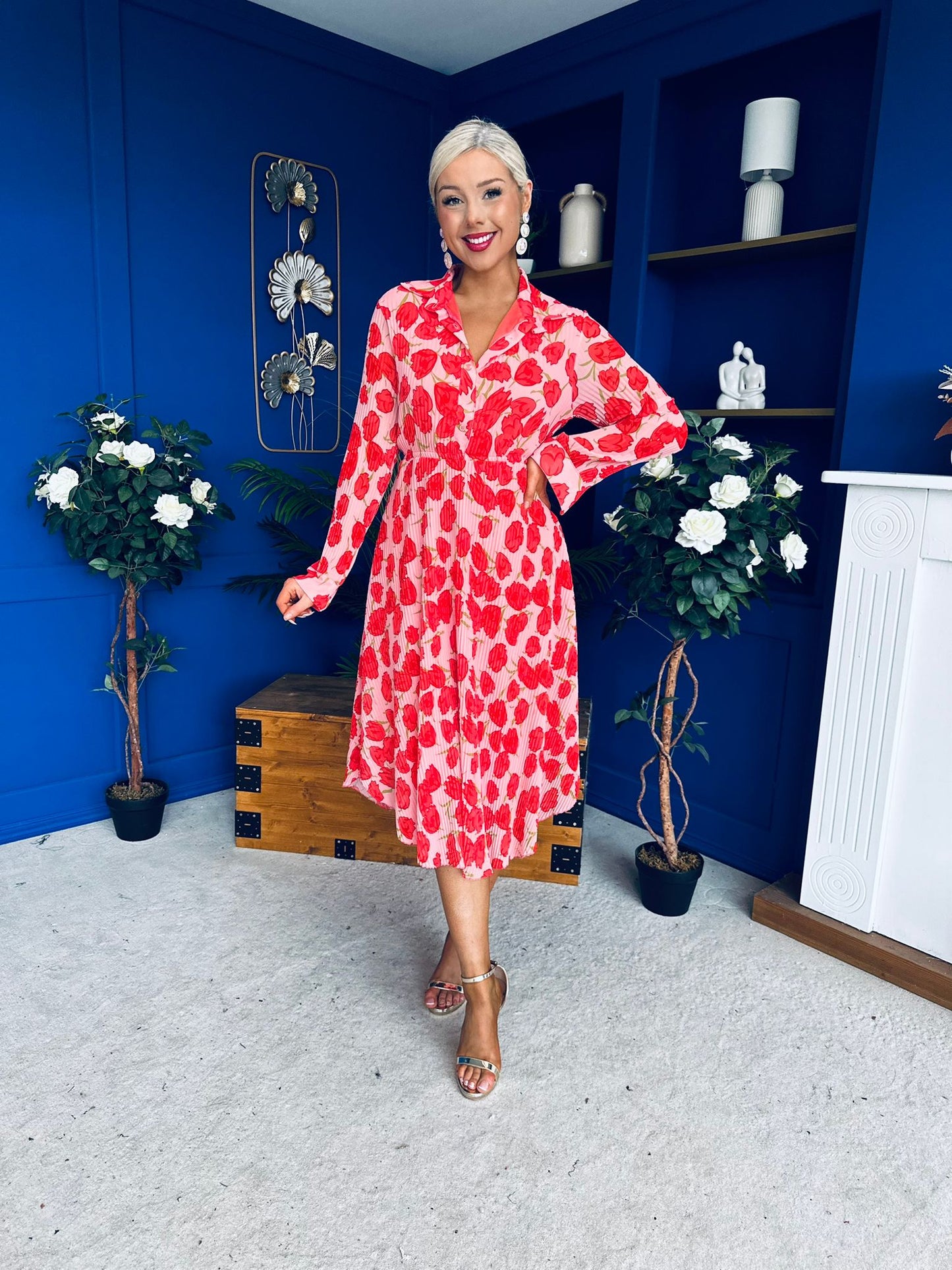 Blaire Detailed Plisse Midi Dress Floral Pink