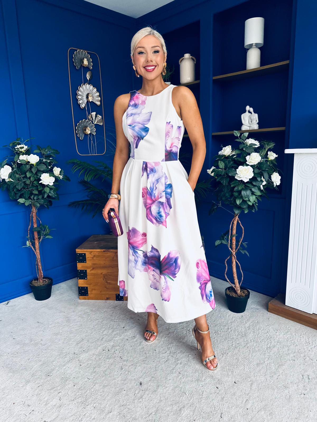 Miah Floral Print Racer Neck Pleated Midi Dress Cream & Lilac