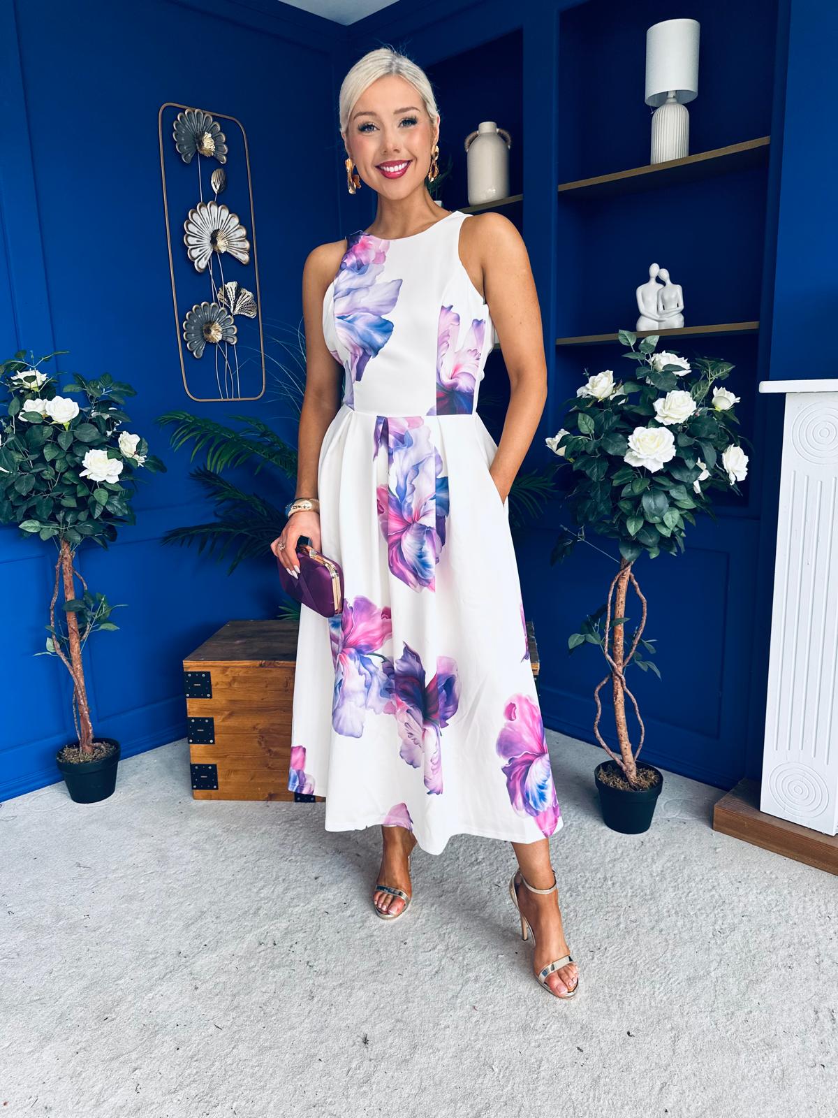 Miah Floral Print Racer Neck Pleated Midi Dress Cream & Lilac