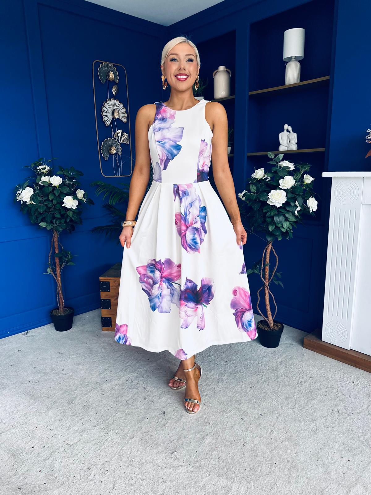 Miah Floral Print Racer Neck Pleated Midi Dress Cream & Lilac