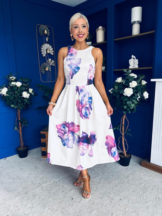 Miah Floral Print Racer Neck Pleated Midi Dress Cream & Lilac
