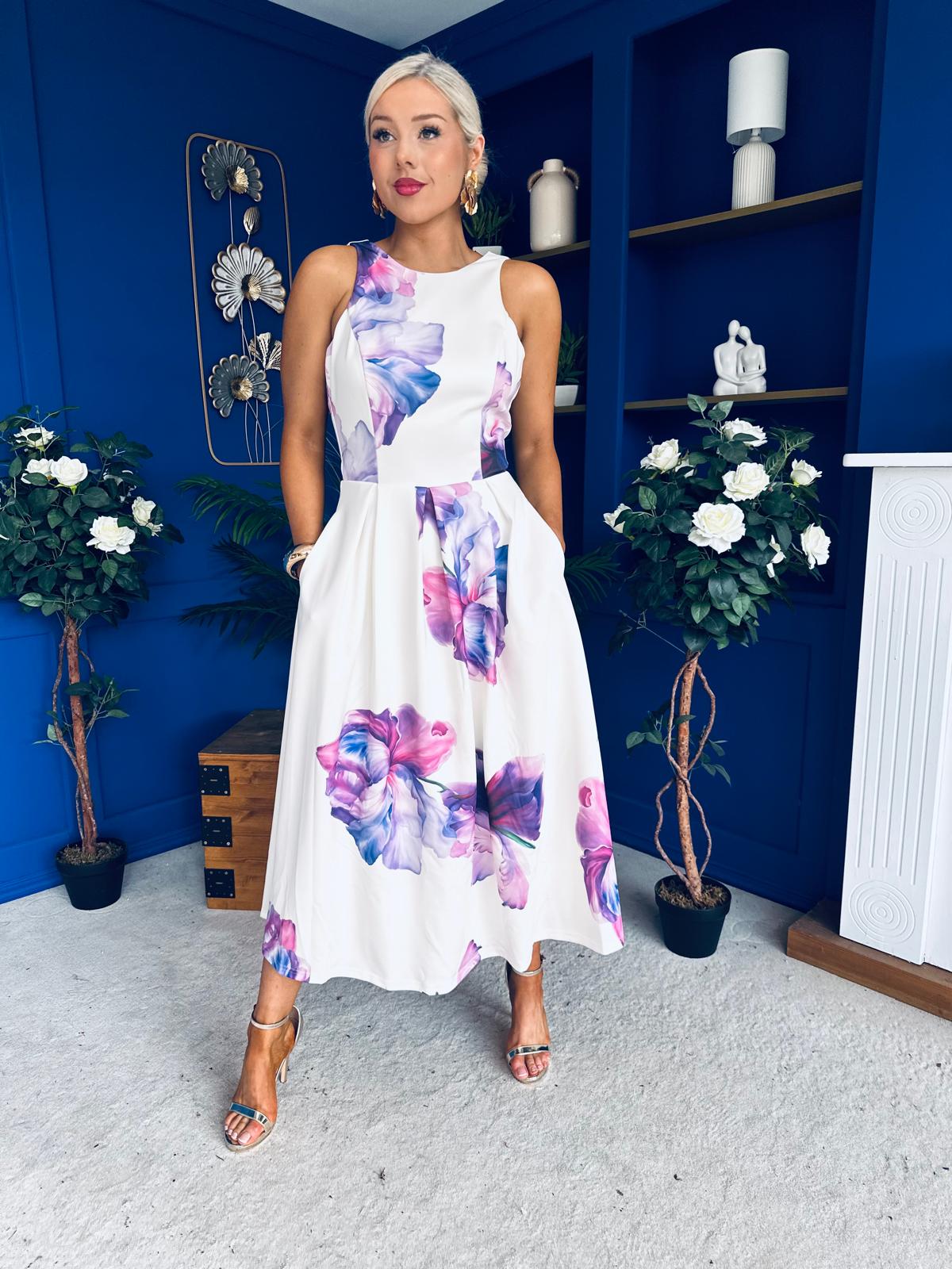 Miah Floral Print Racer Neck Pleated Midi Dress Cream & Lilac