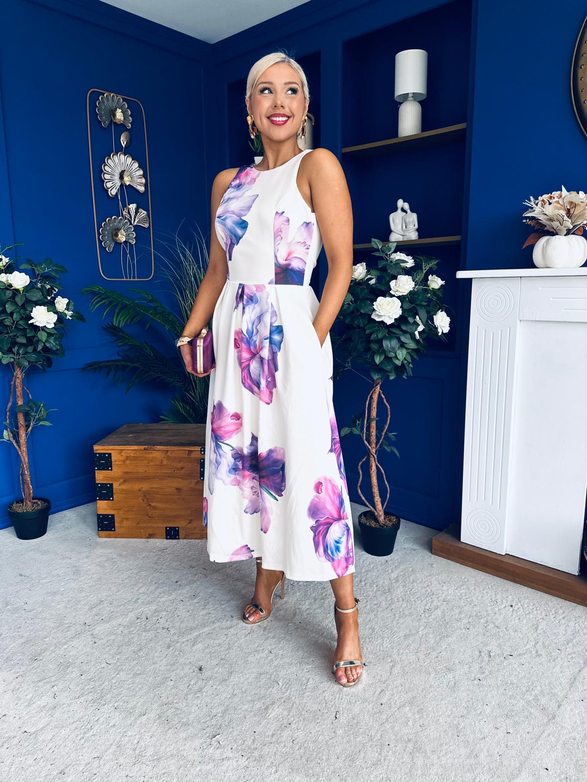 Miah Floral Print Racer Neck Pleated Midi Dress Cream & Lilac