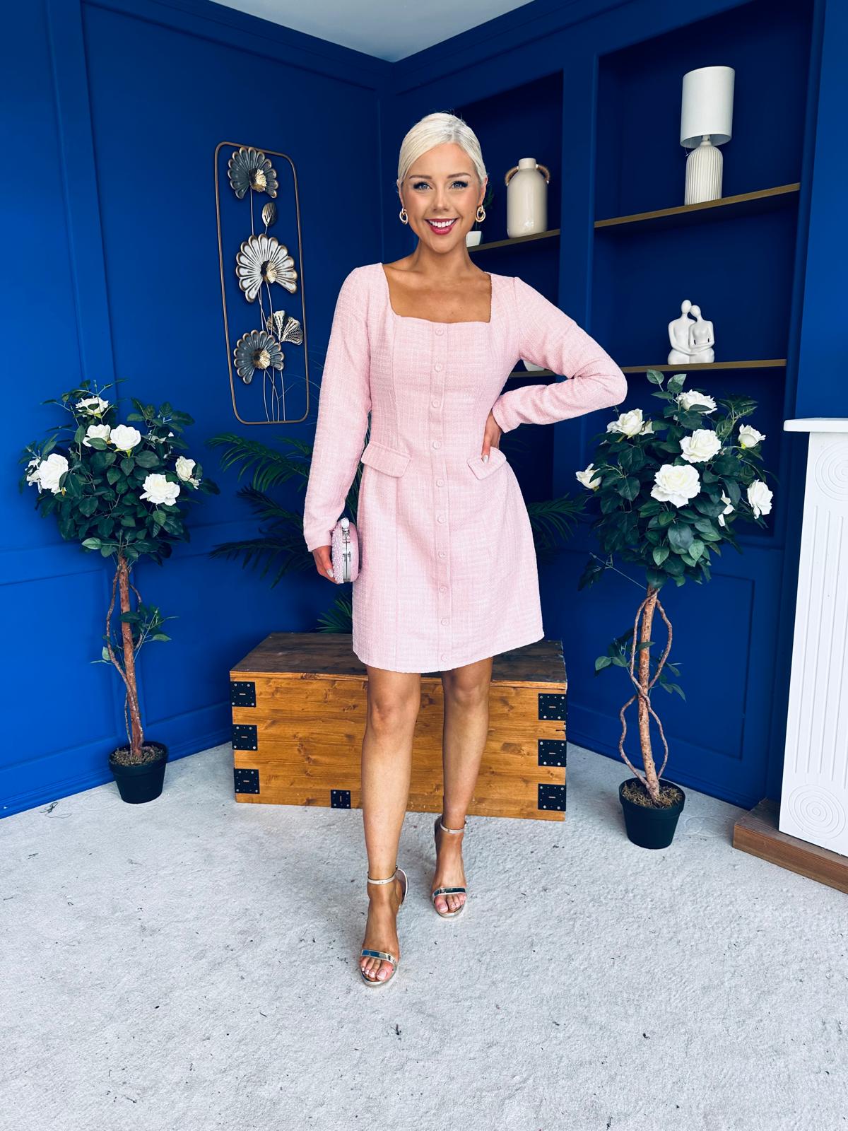 Flora Long Sleeve Tweed Mini Dress Pink