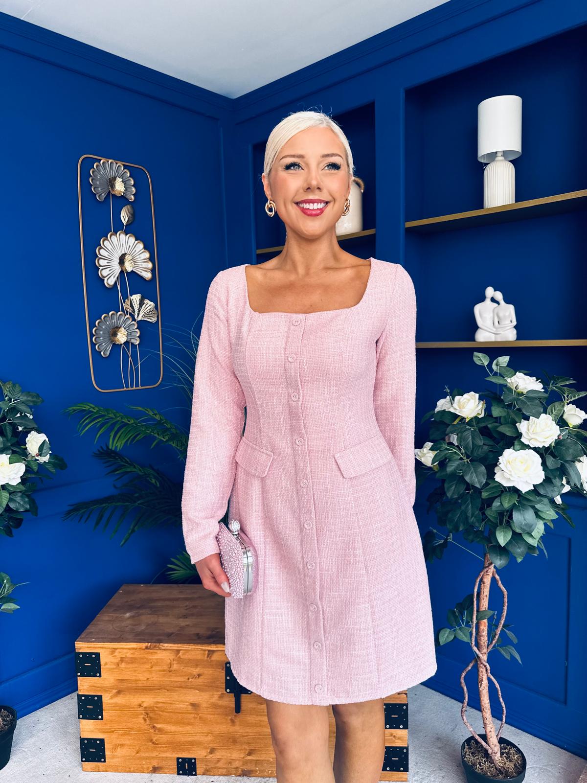 Flora Long Sleeve Tweed Mini Dress Pink