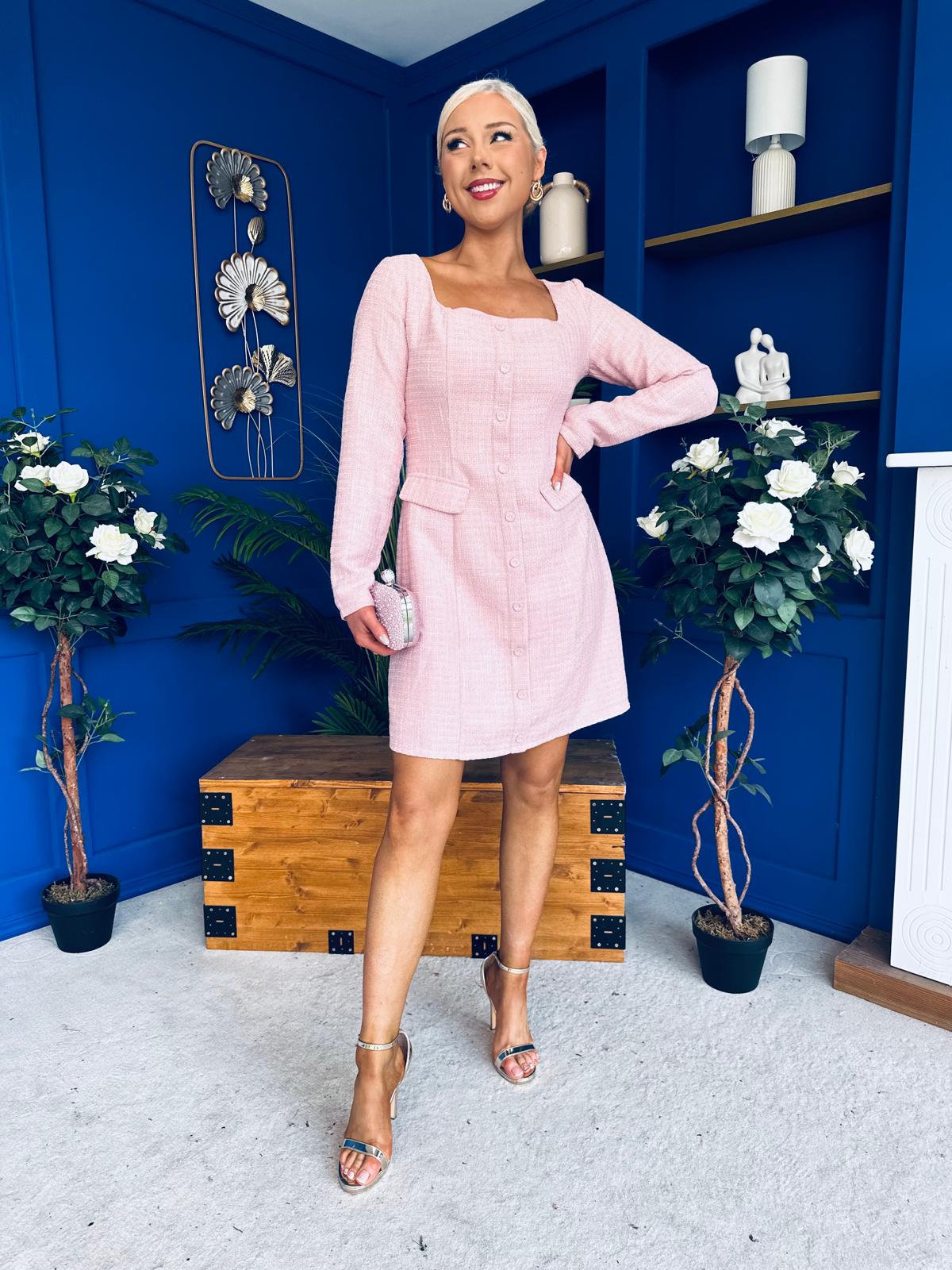 Flora Long Sleeve Tweed Mini Dress Pink