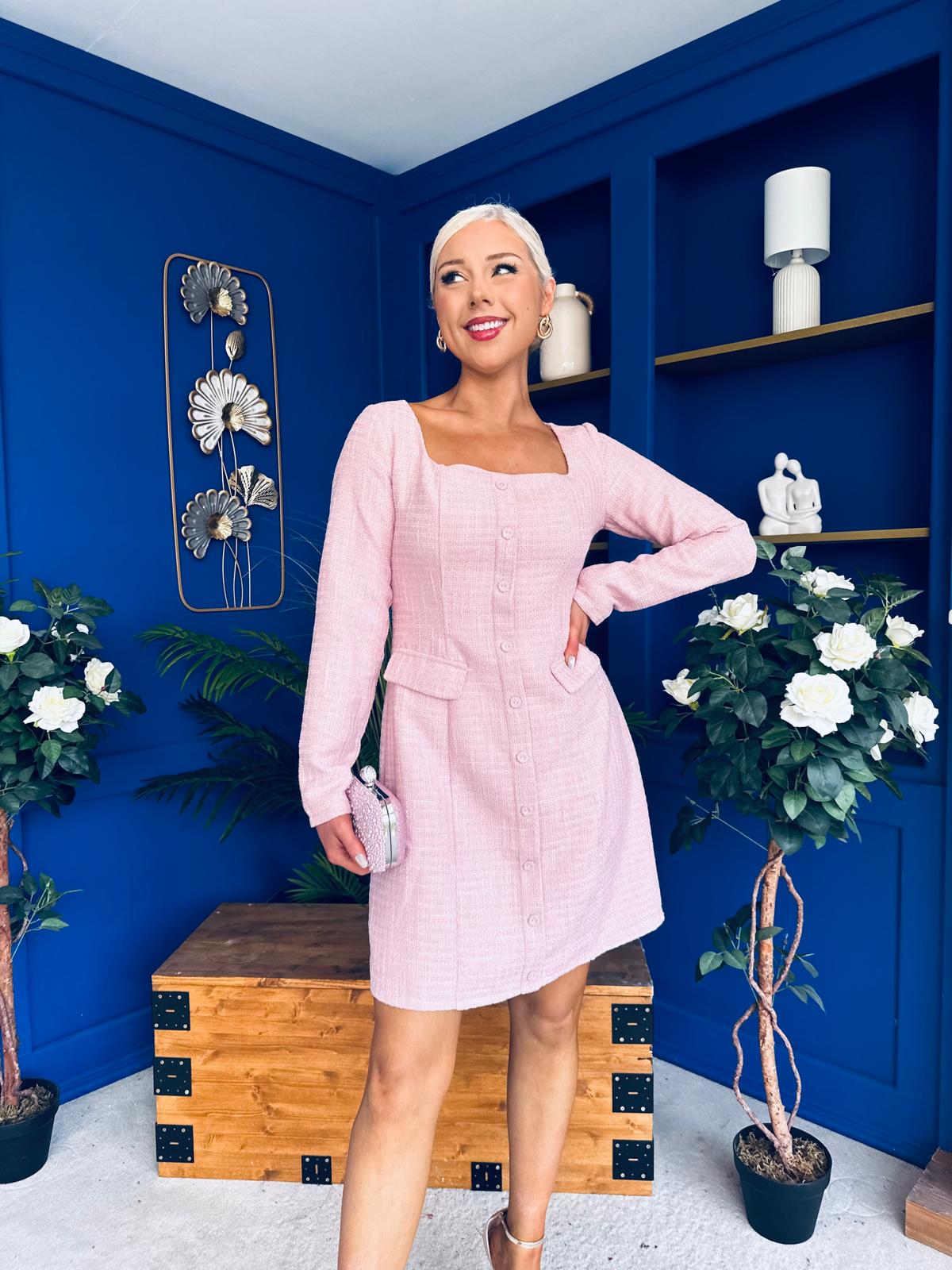 Flora Long Sleeve Tweed Mini Dress Pink