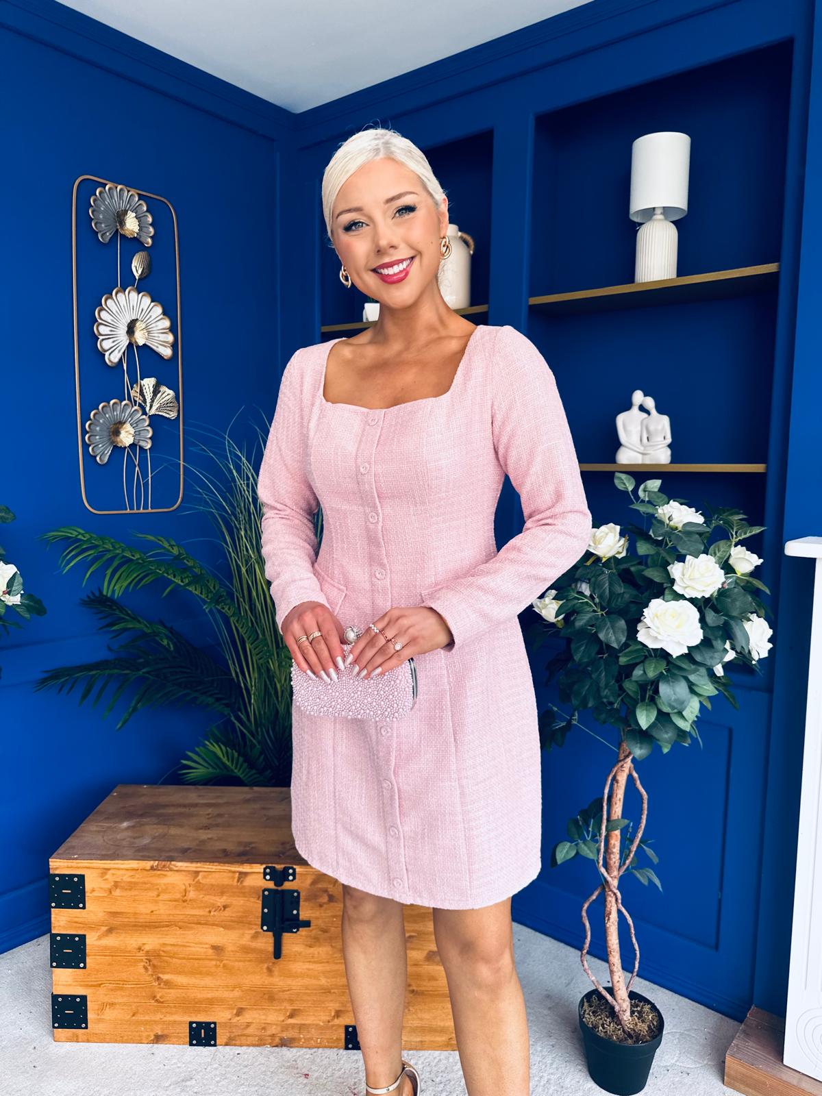 Flora Long Sleeve Tweed Mini Dress Pink