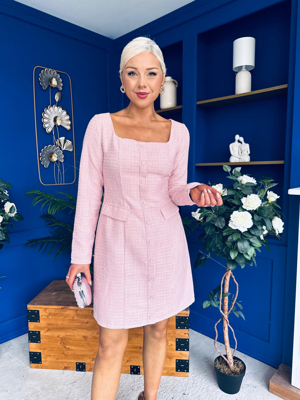 Flora Long Sleeve Tweed Mini Dress Pink