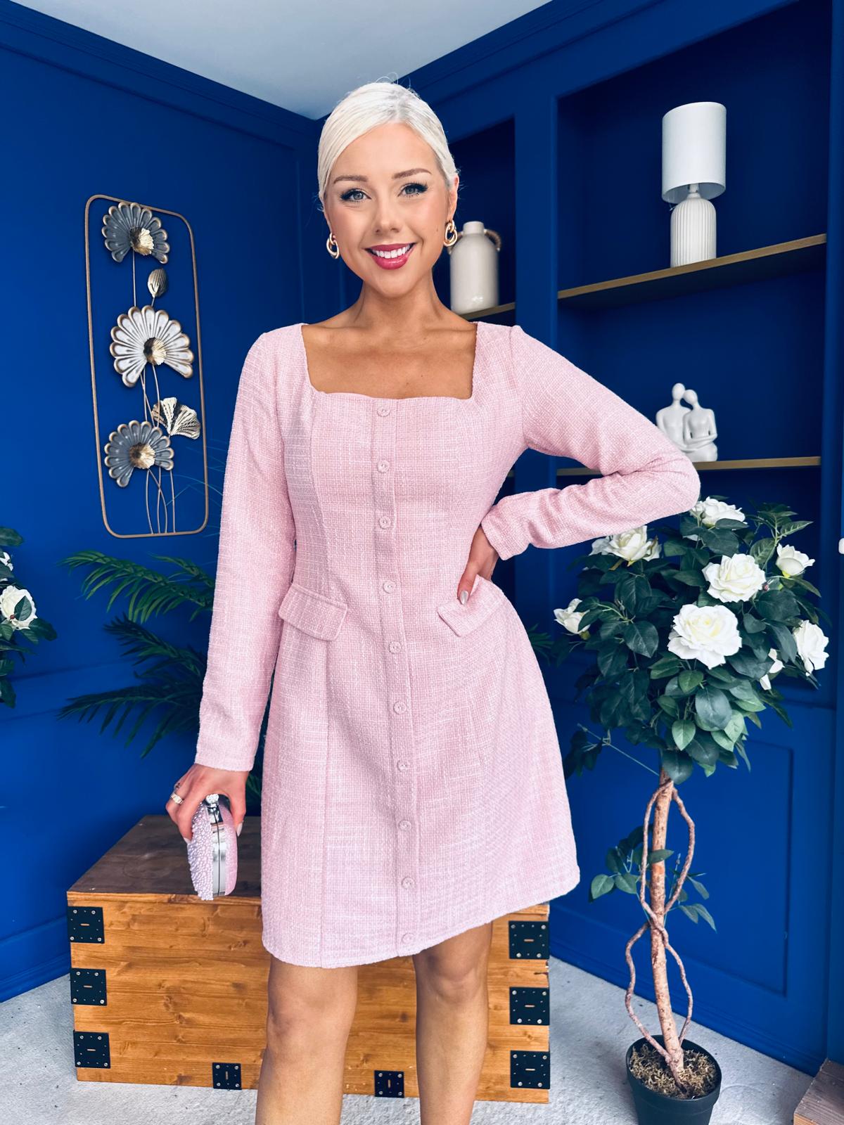 Flora Long Sleeve Tweed Mini Dress Pink